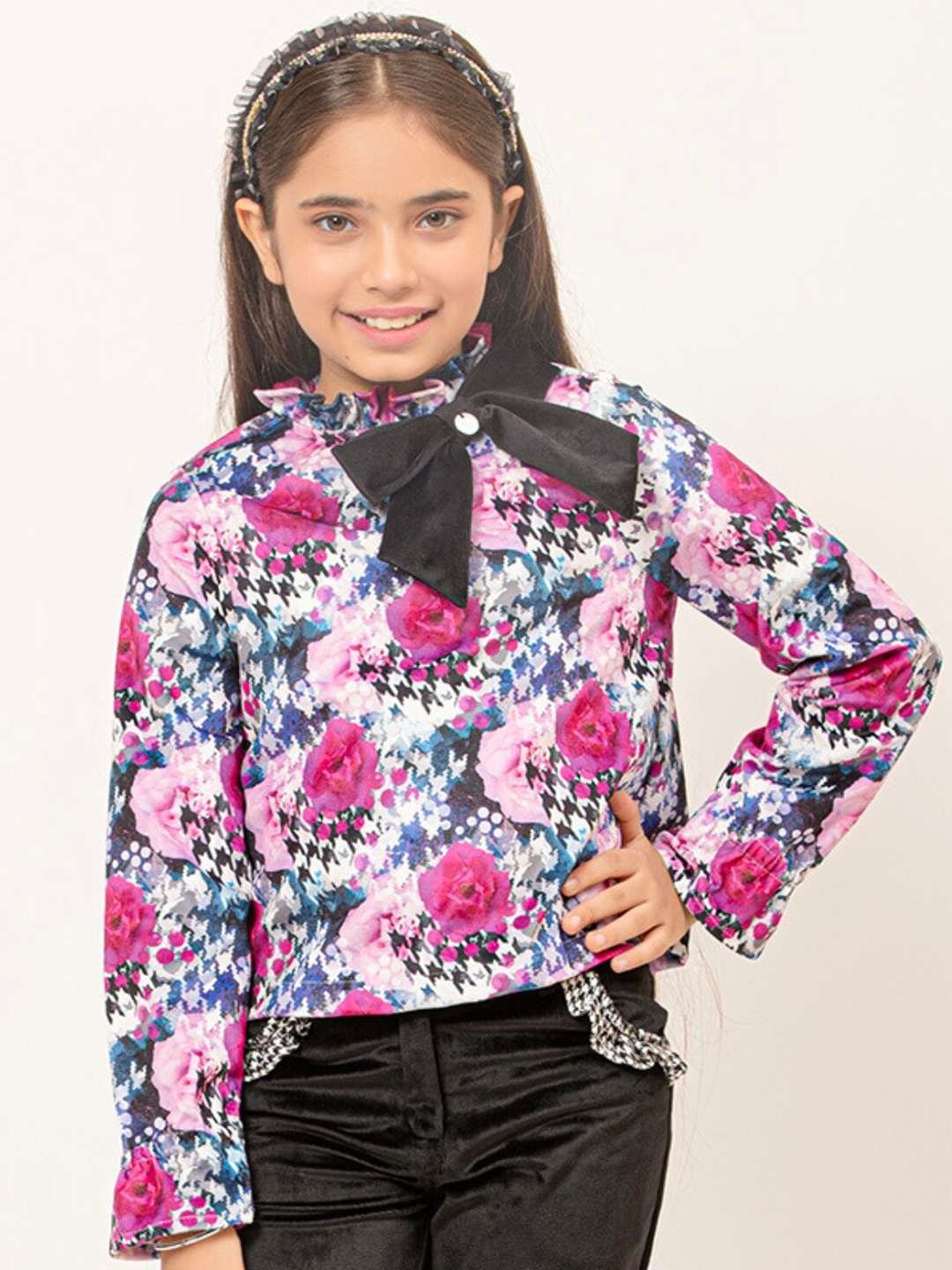 

One Friday Girls Floral Printed Top With Bow Detail, Pink