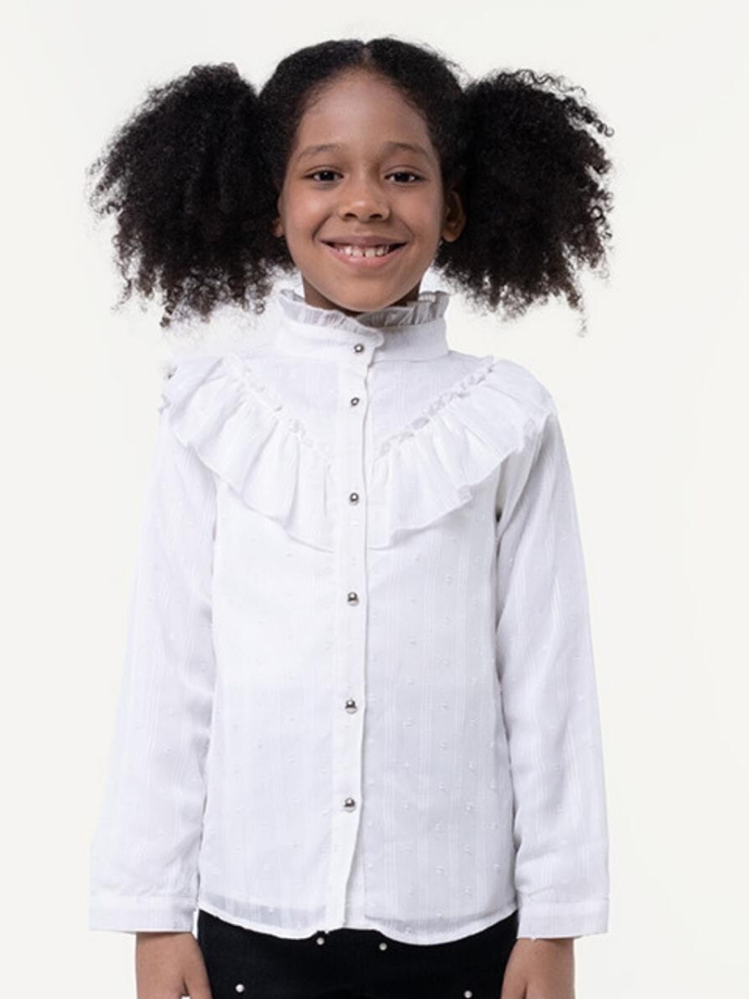 

One Friday Girls Self Design High Neck Shirt Style Top, Off white