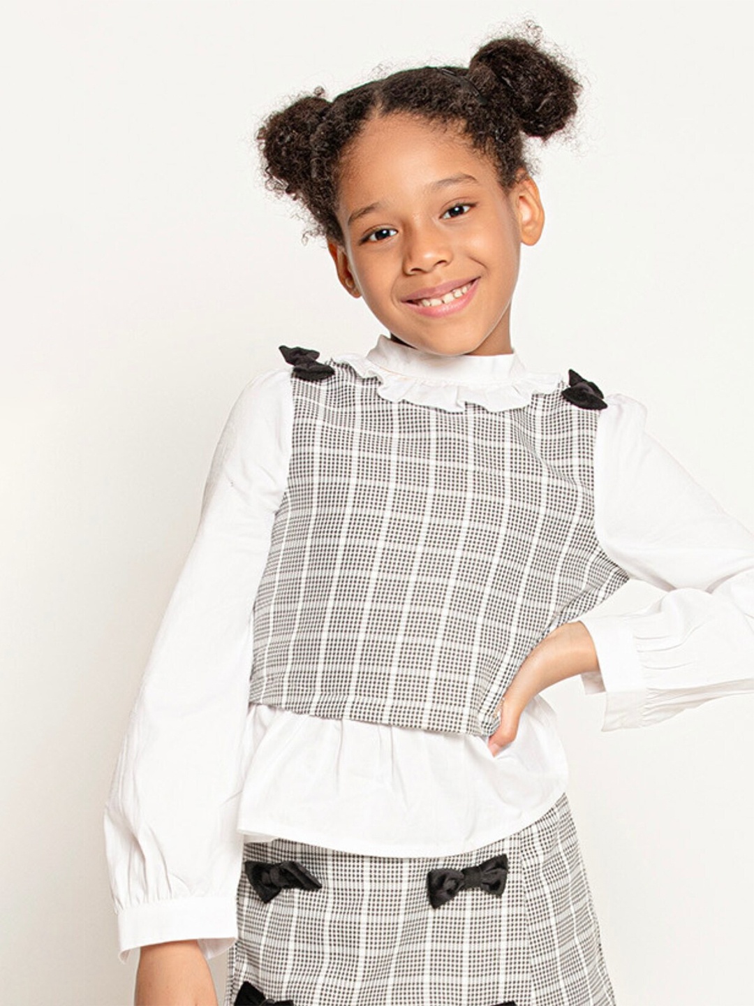 

One Friday Girls Checked High Neck Top With Bow Detail, Black