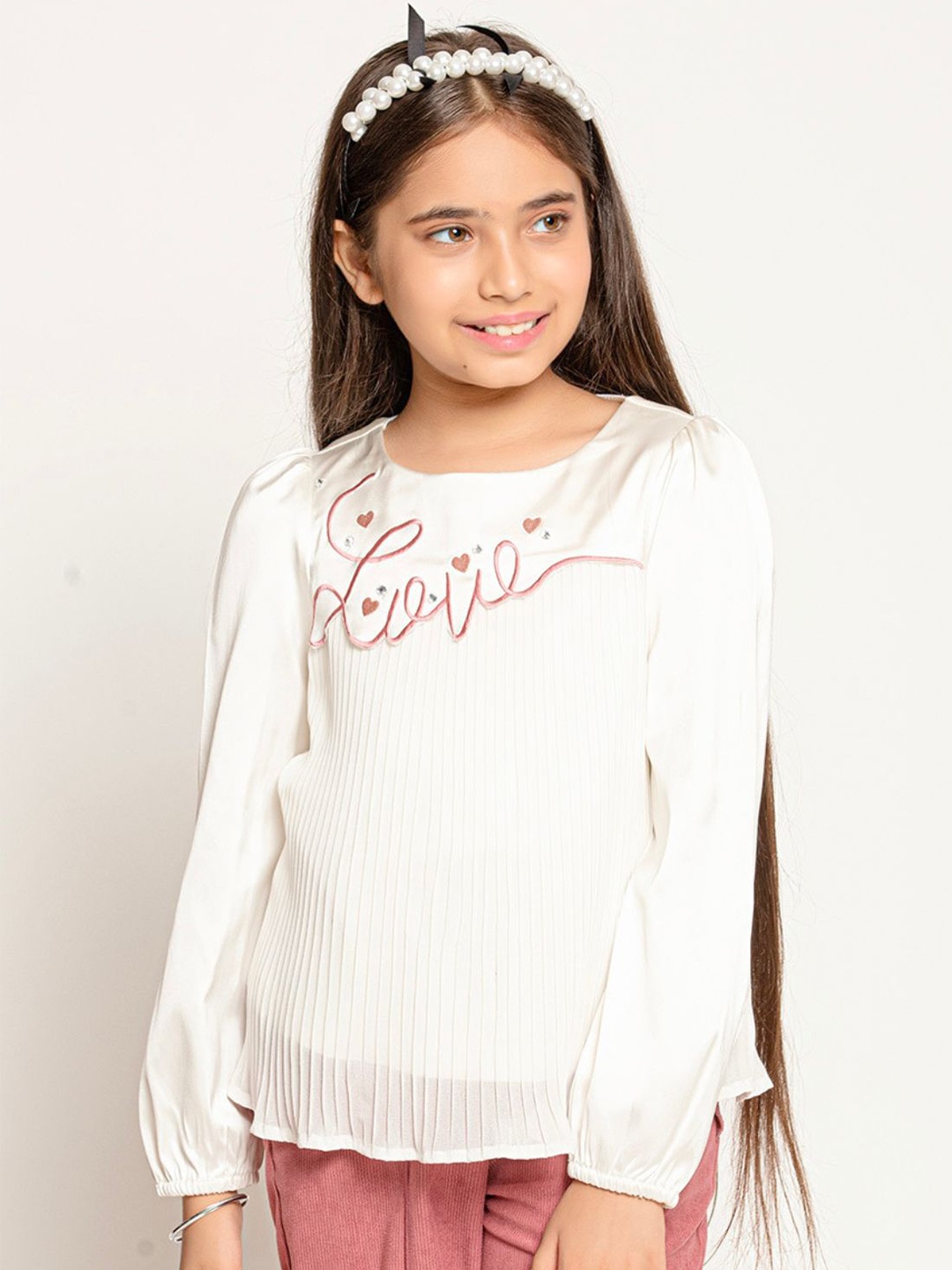 

One Friday Girls Embroidered Puffed Sleeves Top, Off white