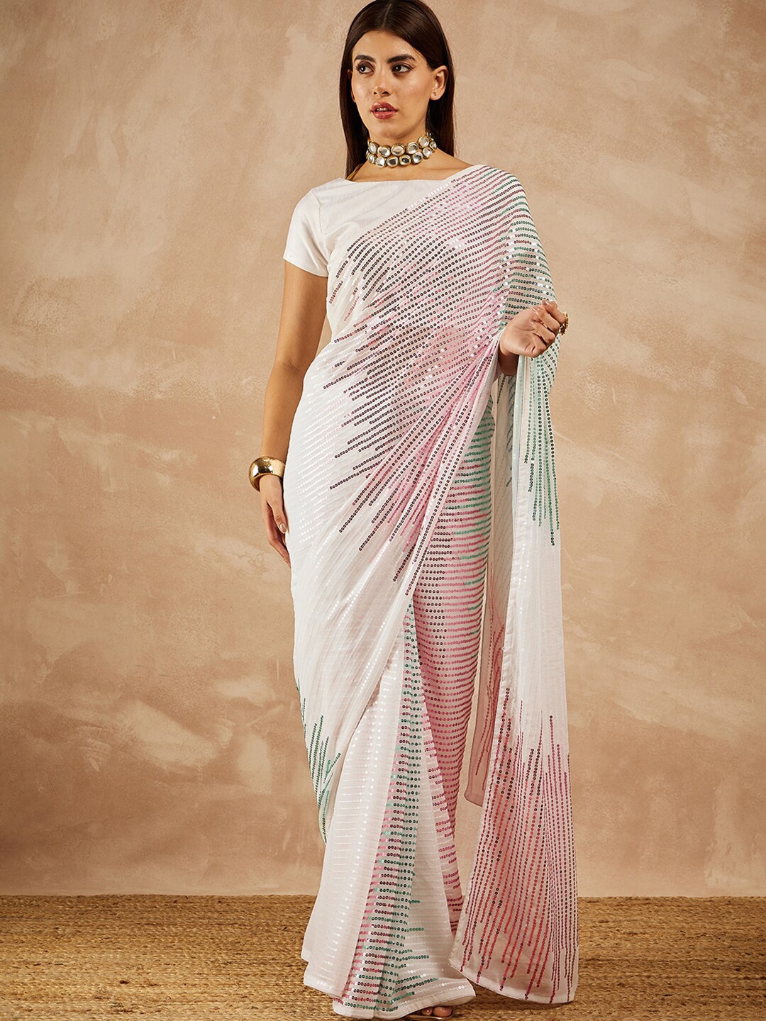 

all about you Embellished Sequinned Pure Georgette Saree, White