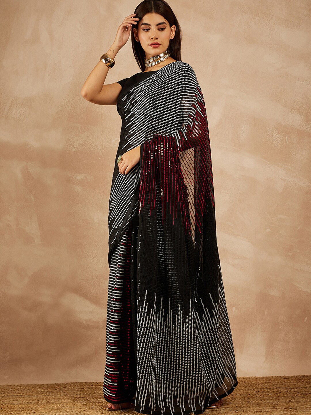 

all about you Embellished Sequinned Pure Georgette Saree, Black