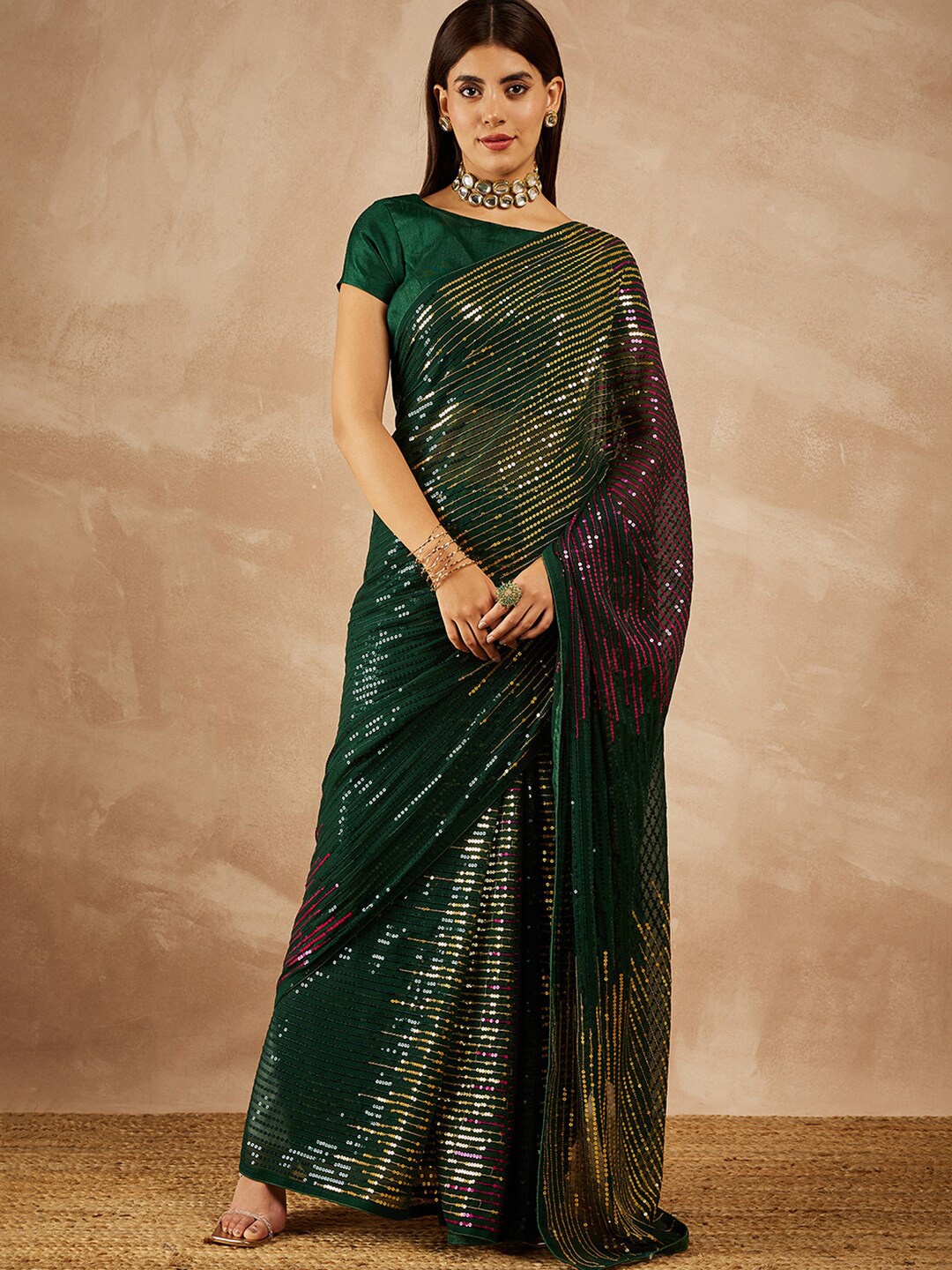 

all about you Embellished Sequinned Pure Georgette Saree, Green