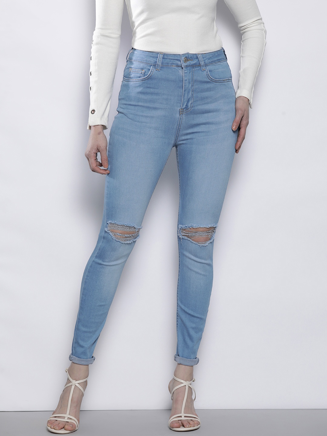 

Boohoo Women Skinny Fit High-Rise Slash Knee Light Fade Stretchable Jeans, Blue