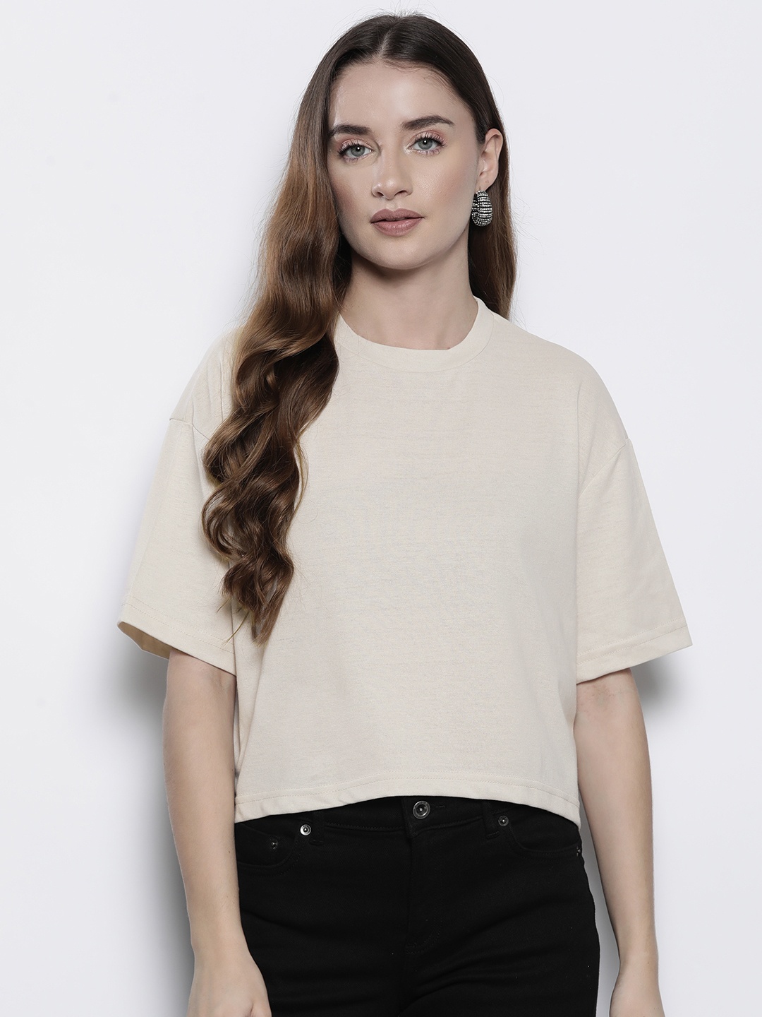 

Boohoo Drop-Shoulder Sleeves Pure Cotton Boxy T-shirt, Beige