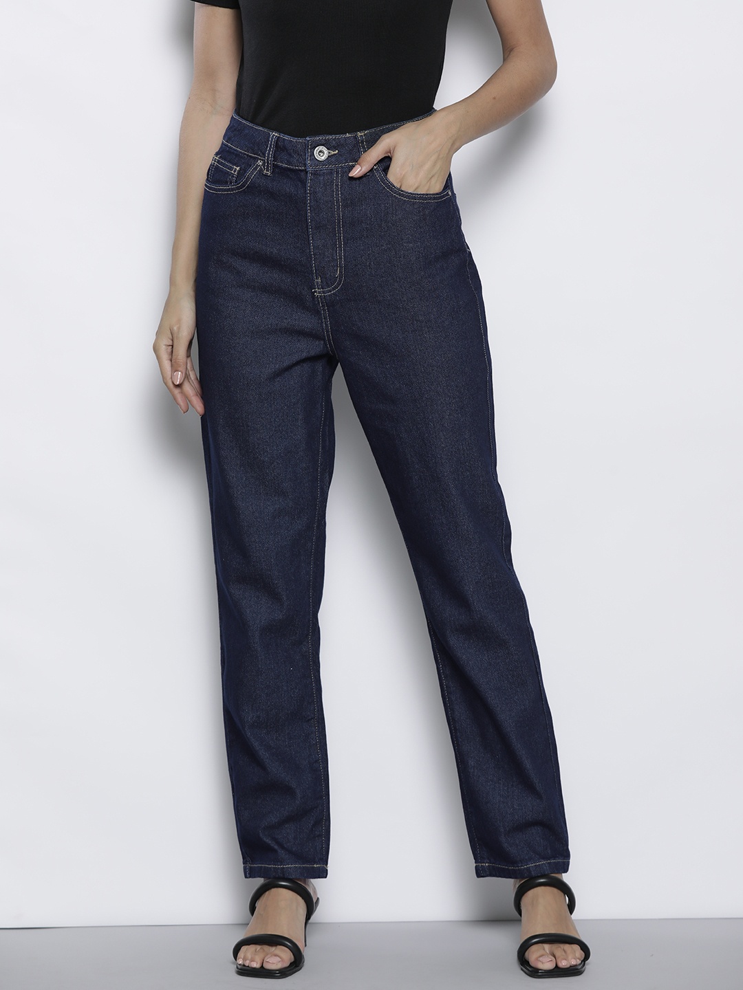 

Boohoo Women Pure Cotton High-Waist Straight Leg Jeans, Navy blue