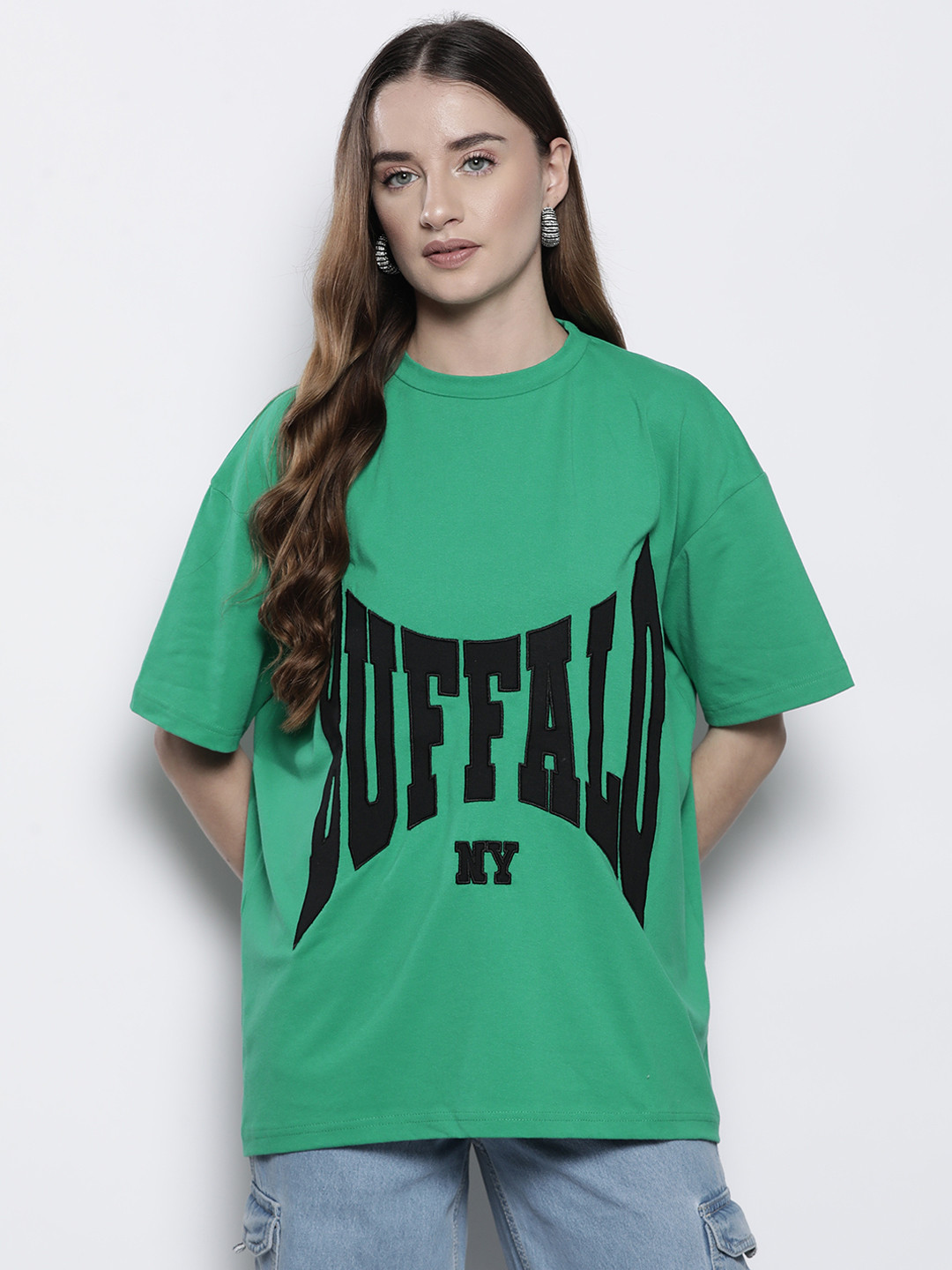 

Boohoo Drop-Shoulder Sleeves Pure Cotton Applique Oversized T-shirt, Green