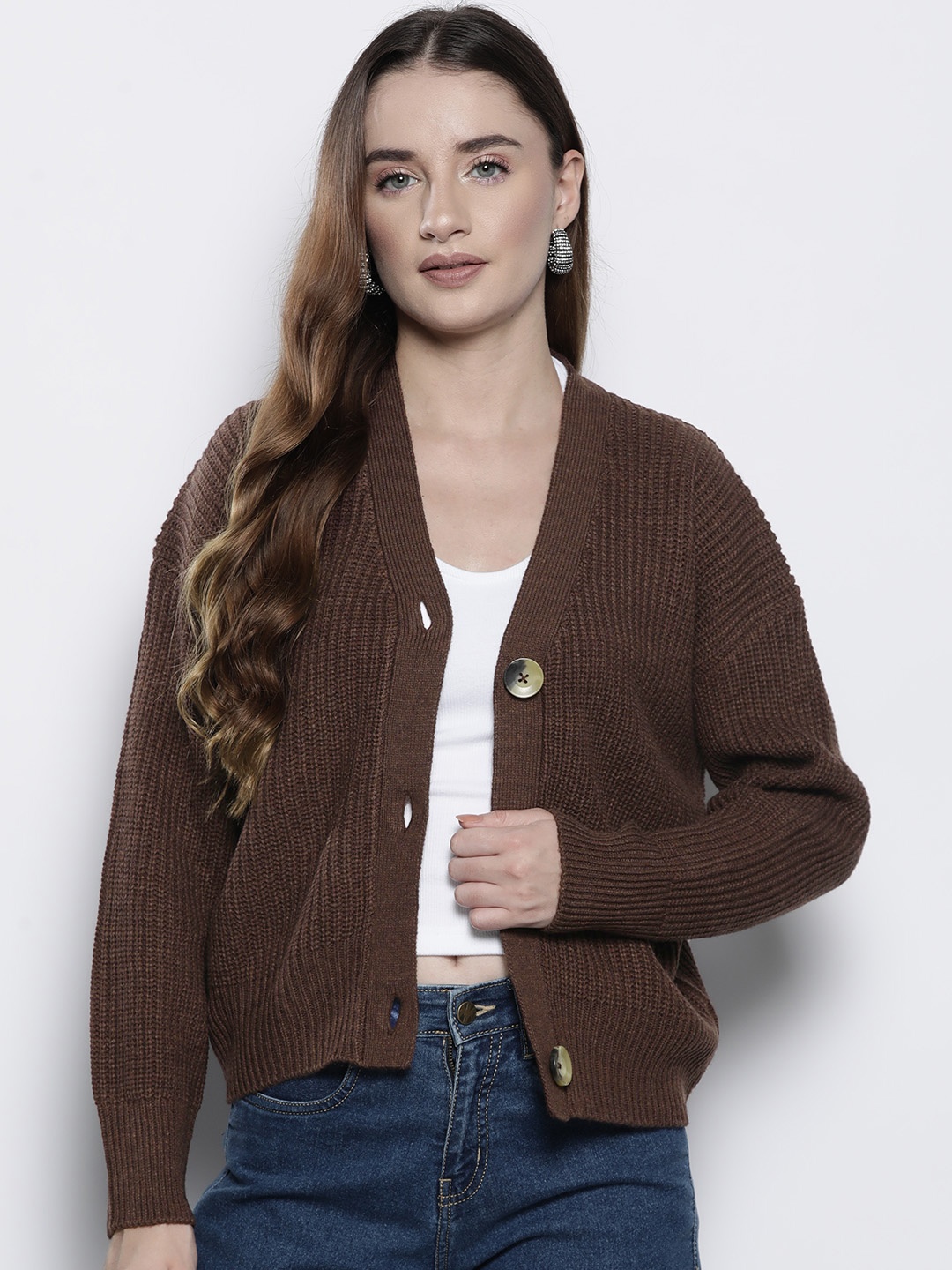 

Boohoo Button Through Ribbed Cardigan, Brown