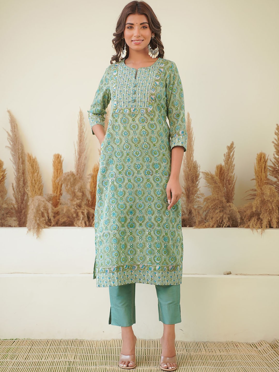 

JAIPURIBANNO Ethnic Motif Printed Pure Cotton Straight Kurta, Green