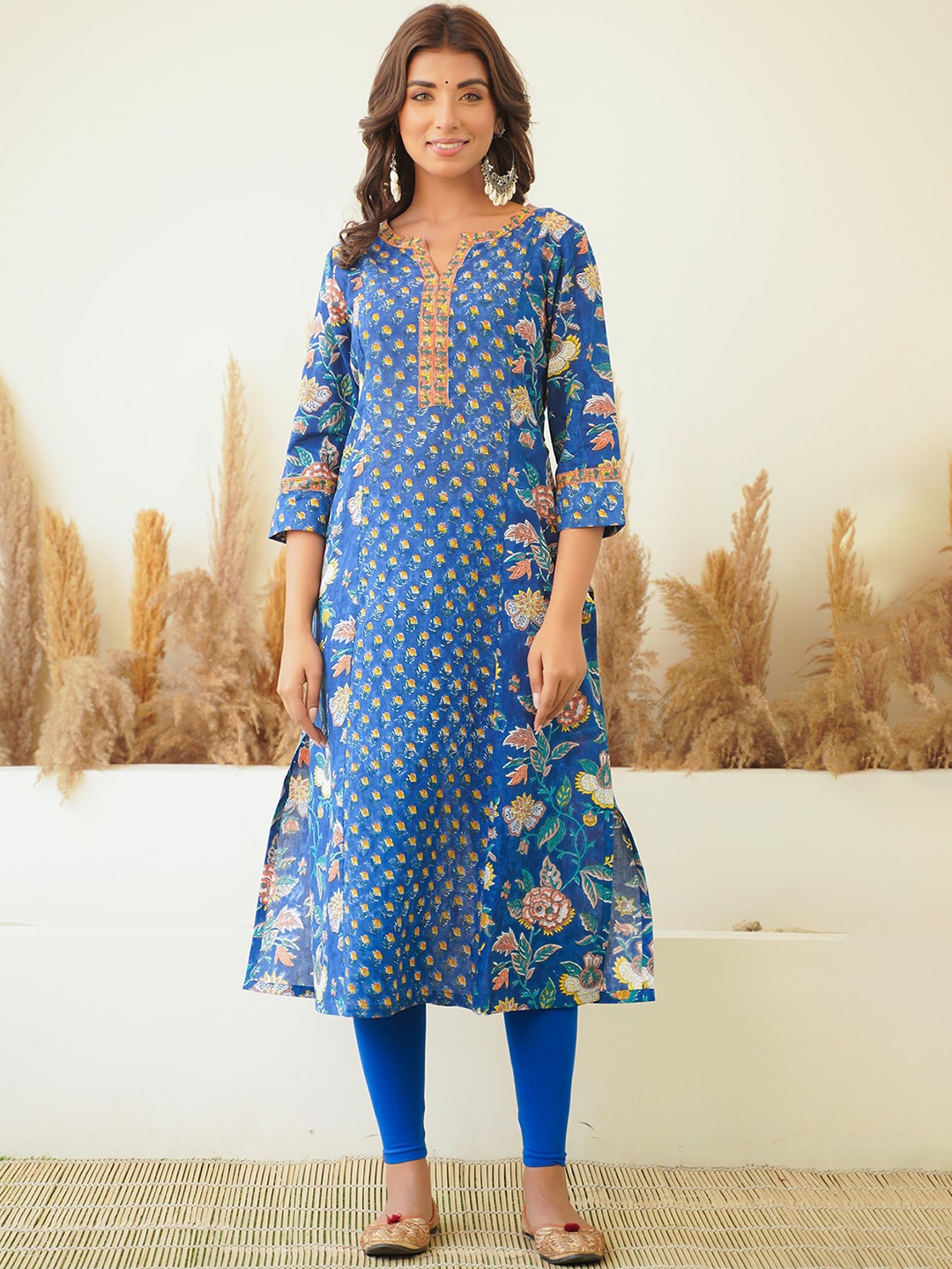 

JAIPURIBANNO Floral Printed Pure Cotton Straight Kurta, Blue