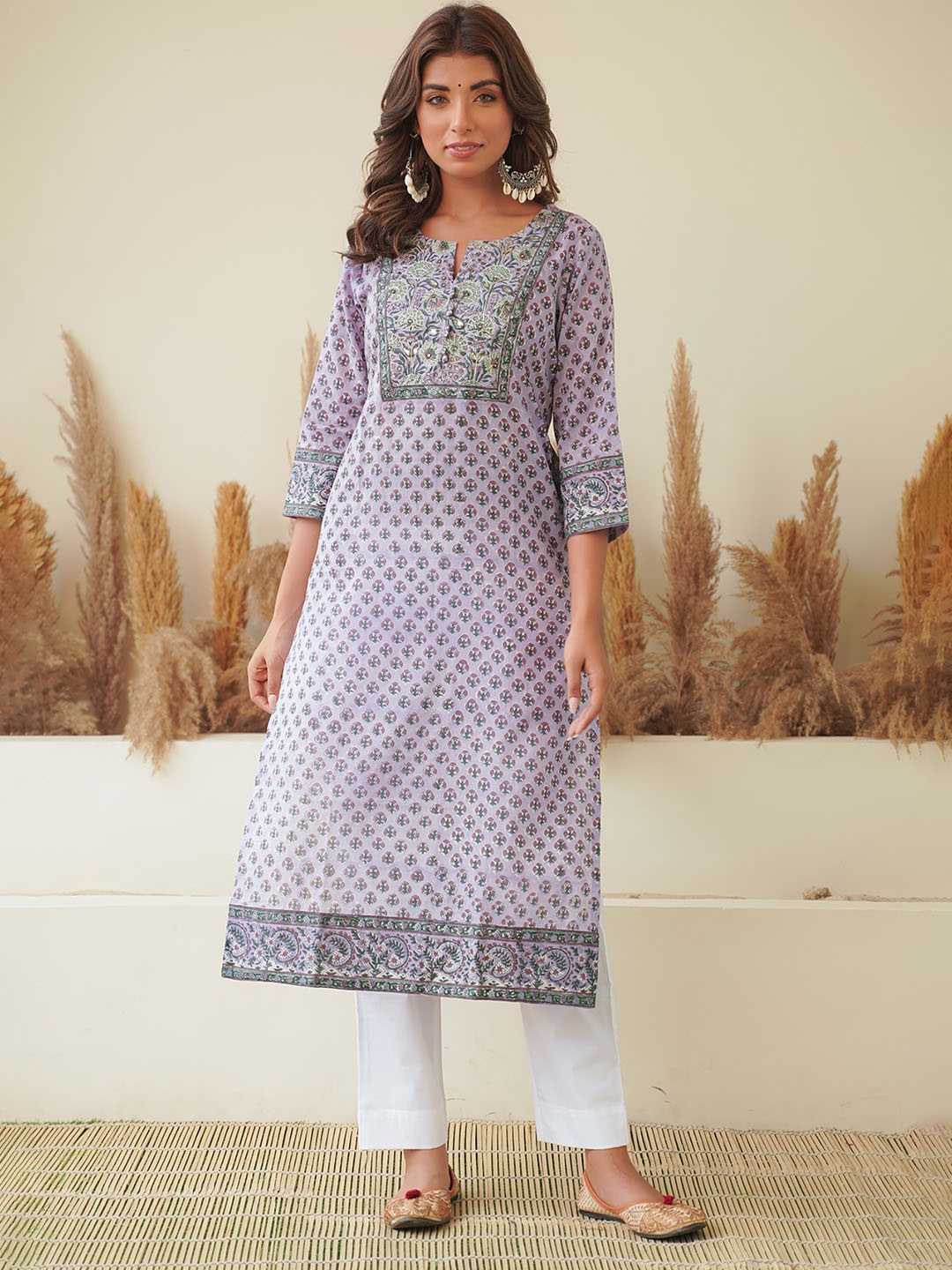 

JAIPURIBANNO Floral Printed Pure Cotton Straight Kurta, Lavender