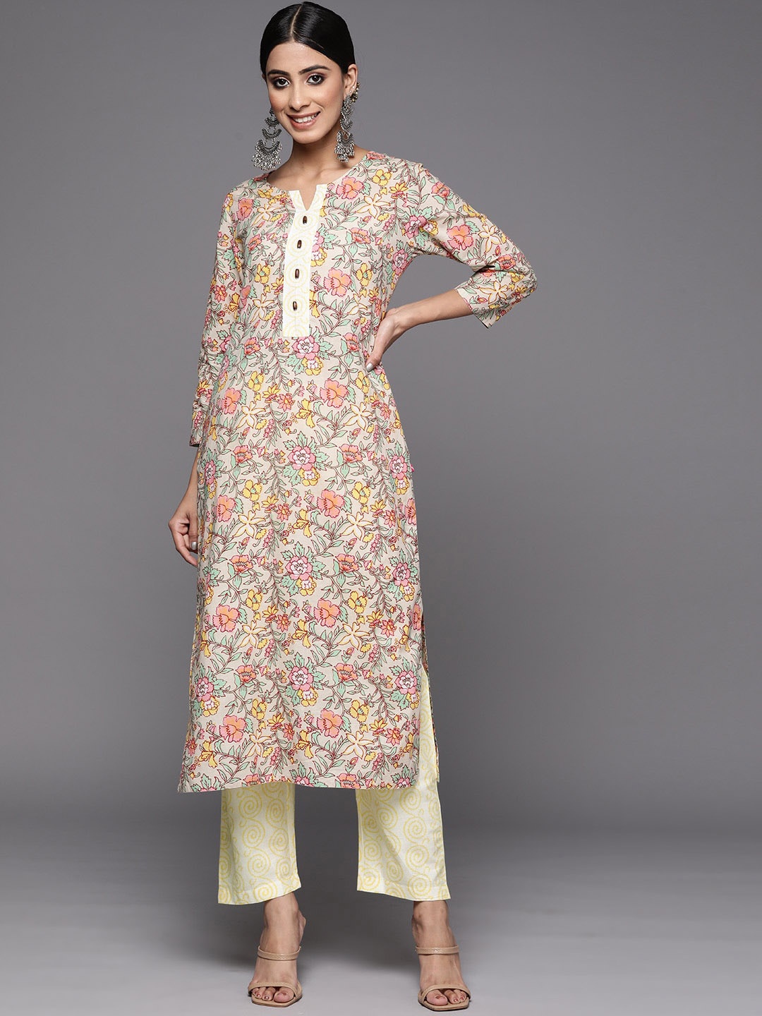 

KALINI Floral Printed Beads and Stones Pure Cotton Kurta with Trousers, Beige