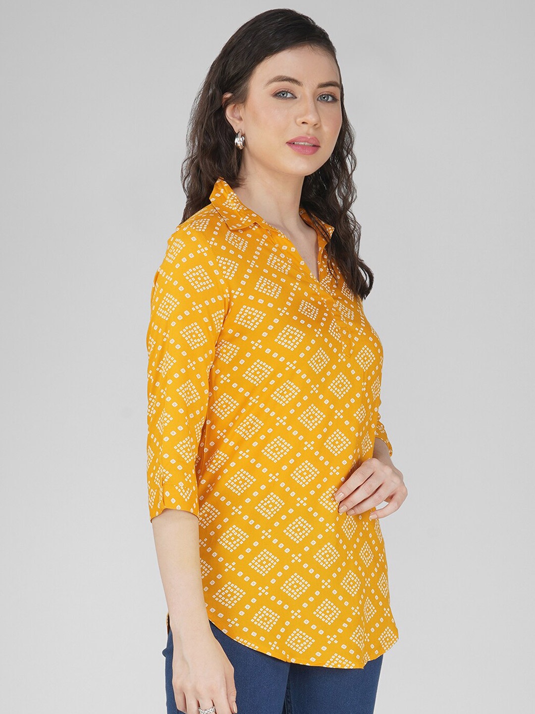 

Vastraa Fusion Bandhani Printed Shirt Collar Regular Top, Yellow