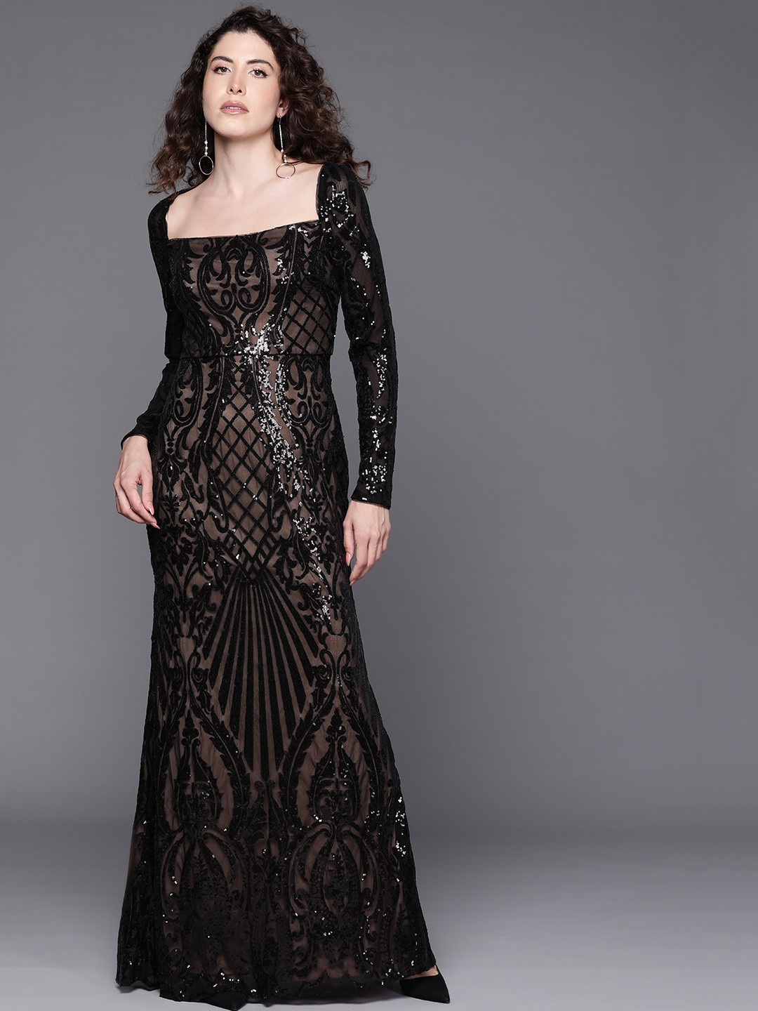 

Boohoo Sequined Net Fishtail Maxi Party Dress, Black