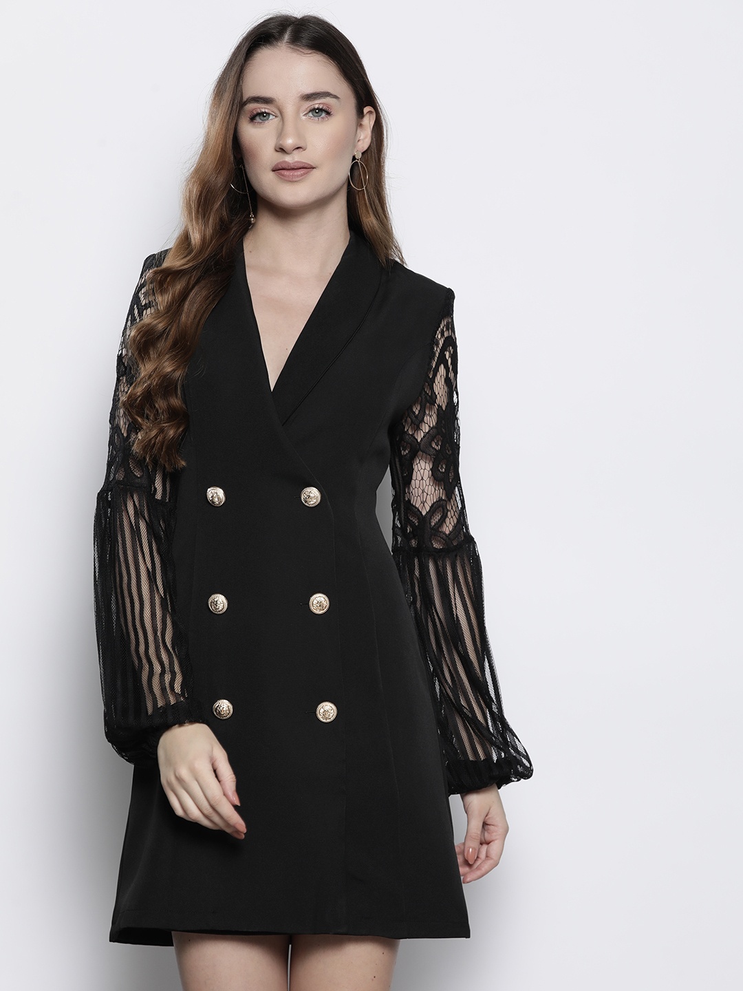 

Boohoo Lace Sleeve Mini Blazer Dress, Black
