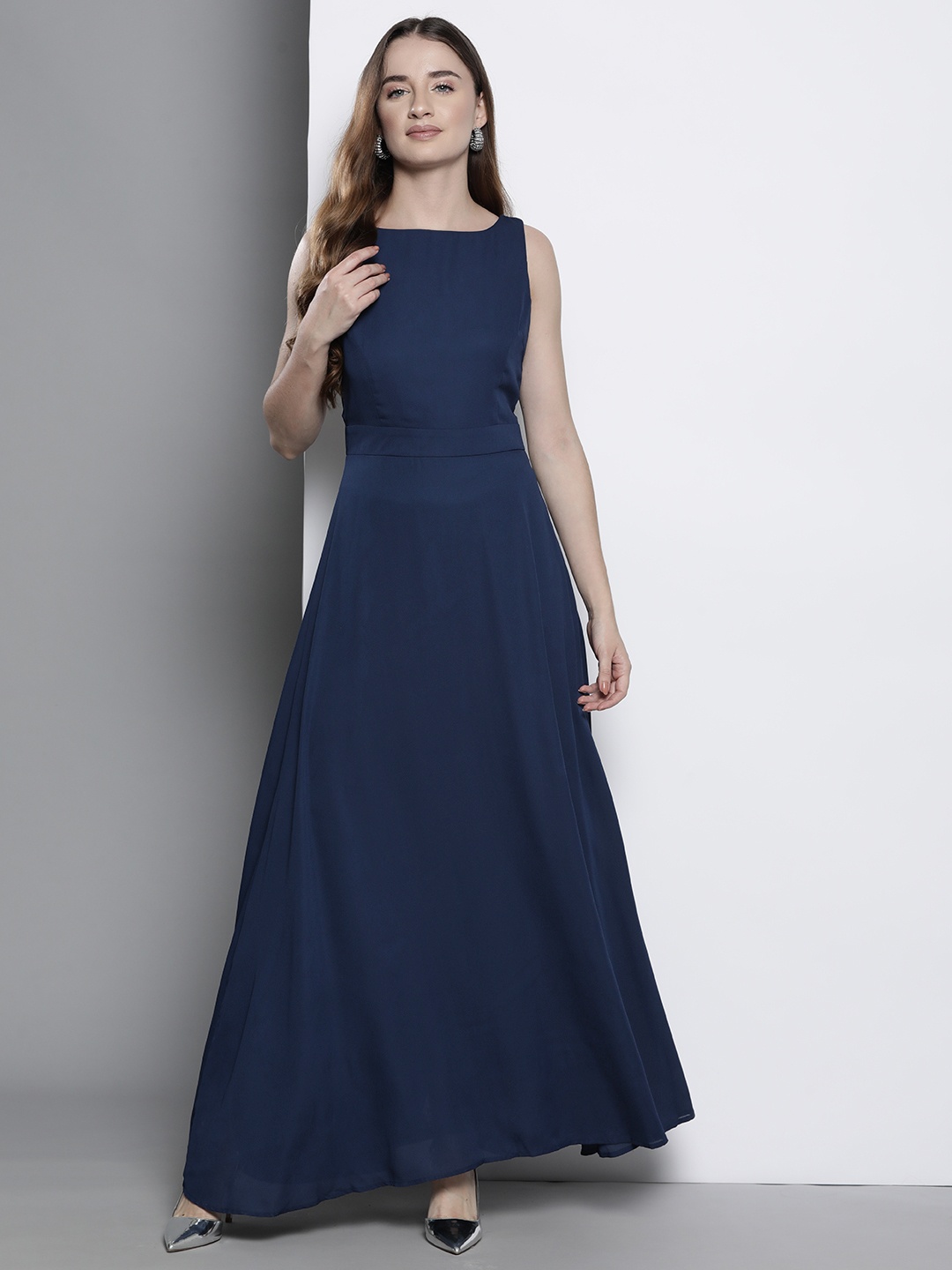 

Boohoo Petite Flared Maxi Dress, Navy blue