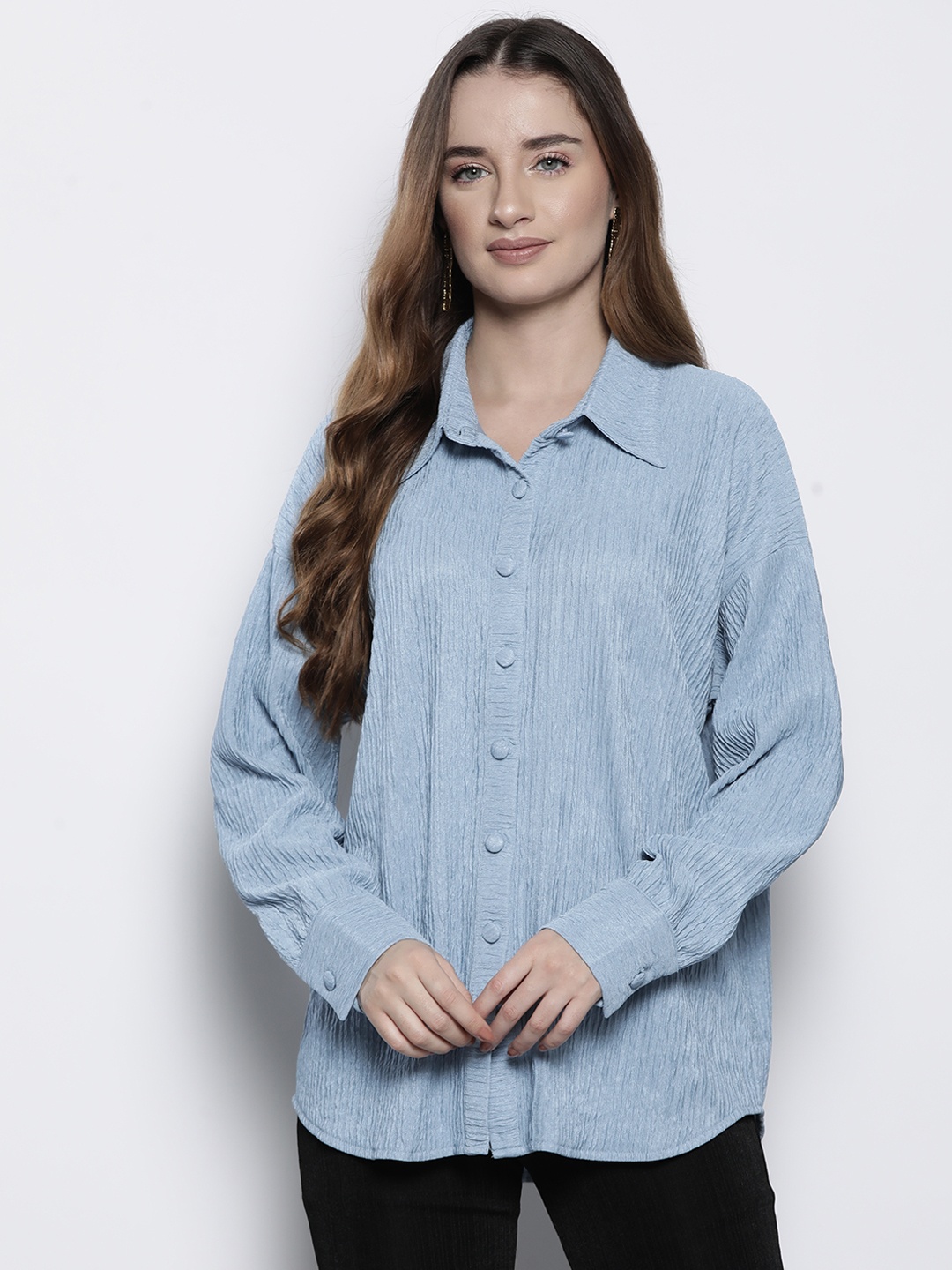 

Boohoo Solid Crinkled Relaxed Fit Shirt, Blue