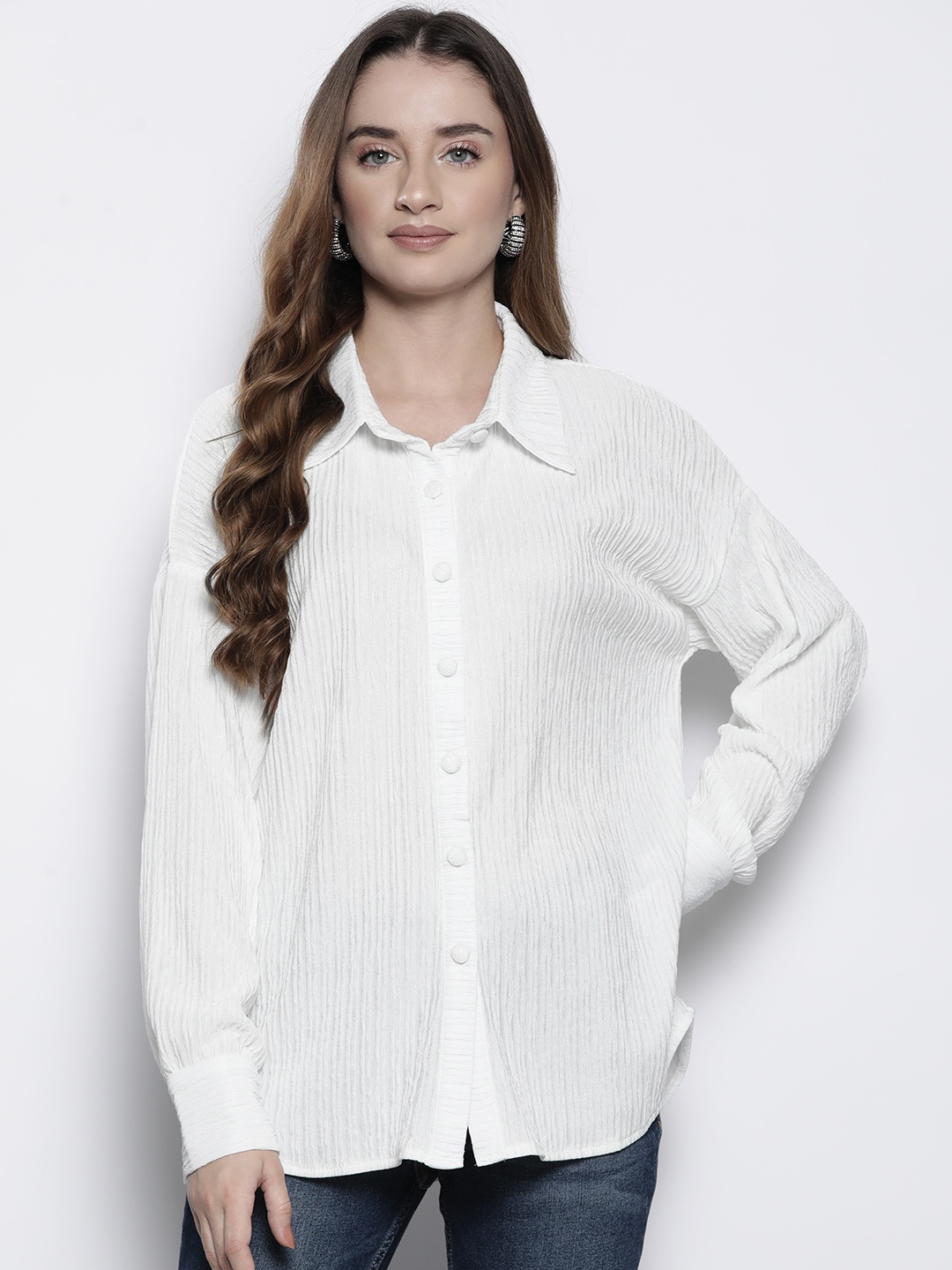 

Boohoo Solid Crinkled Relaxed Fit Shirt, White