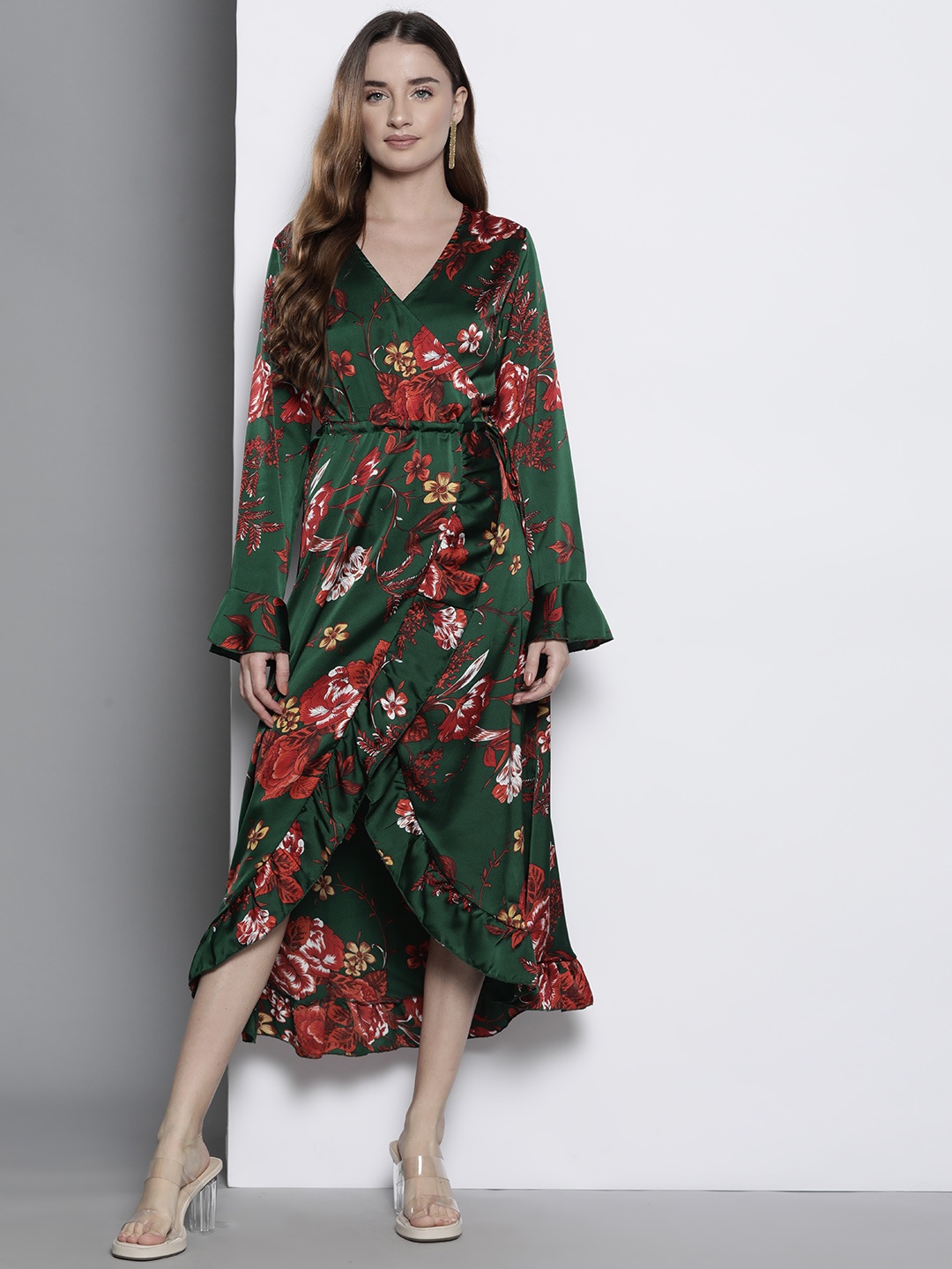 

Boohoo Floral Print Ruffled Satin Finish Midi Wrap Dress, Green