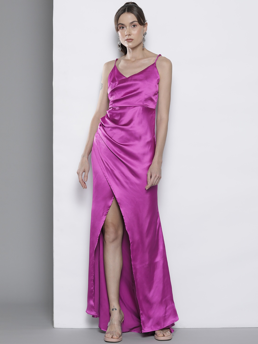 

Boohoo Front Slit Satin Wrap Detail Maxi Dress, Purple