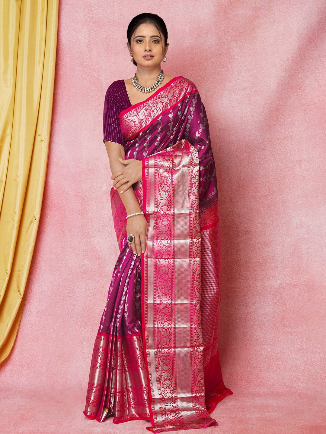 

Unnati Silks Ethnic Motifs Woven Design Zari Kanjeevaram Saree, Purple