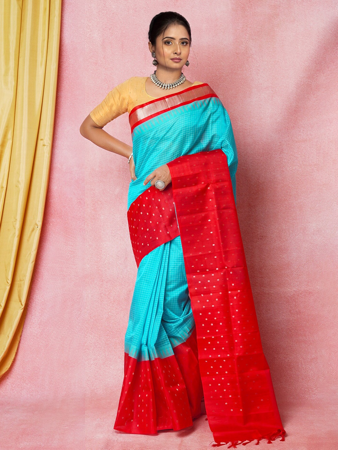 

Unnati Silks Geometric Woven Design Zari Silk Blend Kanjeevaram Saree, Turquoise blue