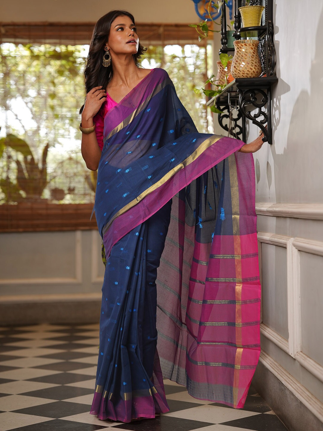 

Unnati Silks Ethnic Motif Woven Design Zari Pure Cotton Handloom Mangalagiri Saree, Navy blue