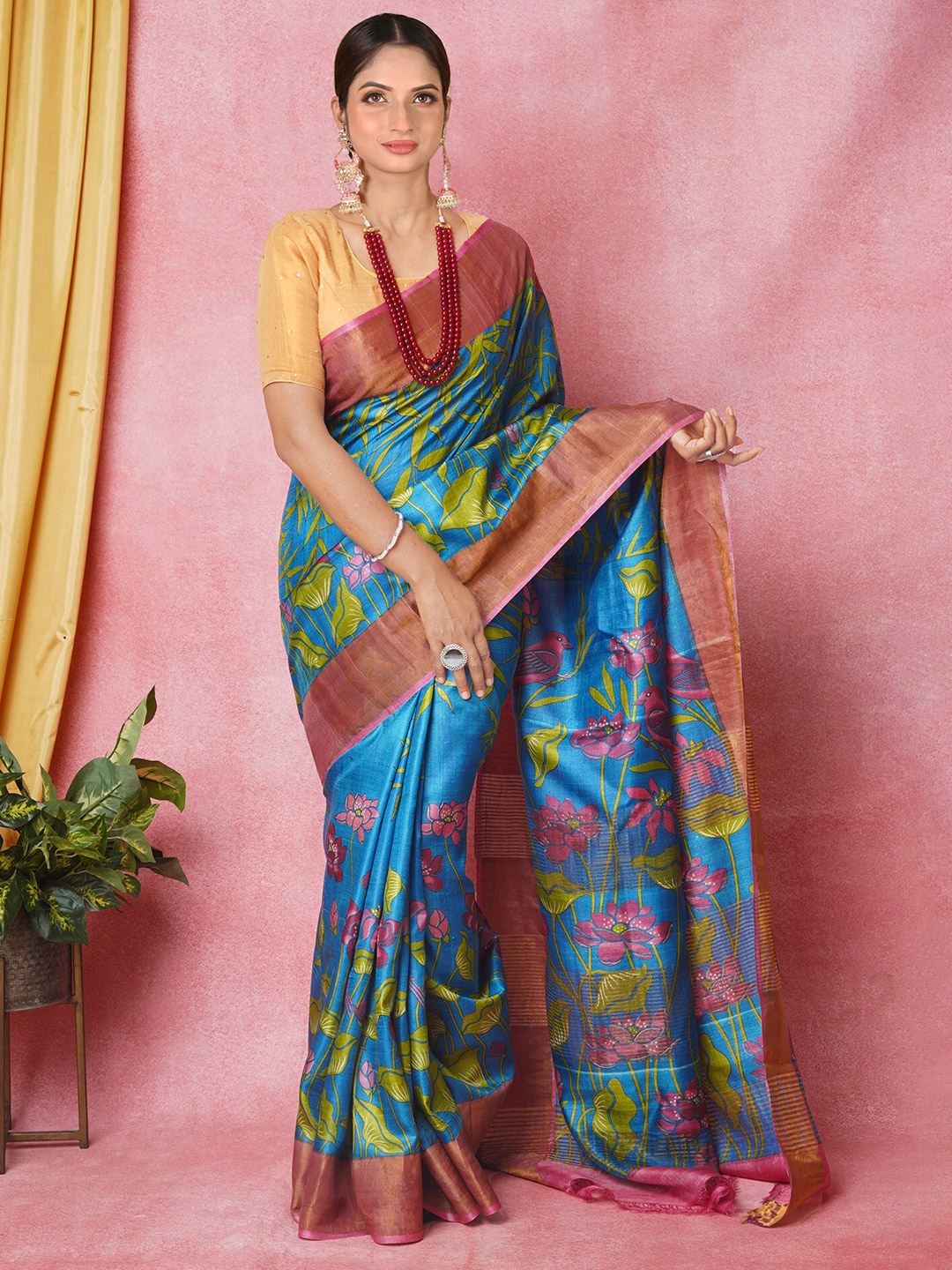

Unnati Silks Floral Printed Zari Pure Silk Tussar Saree, Blue