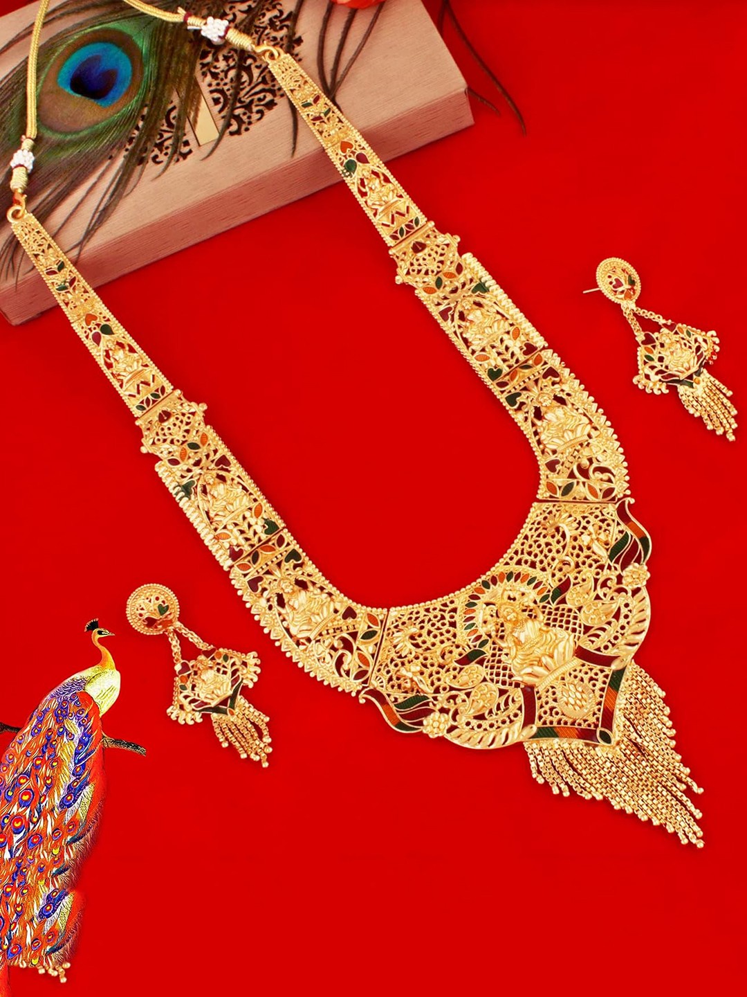 

MANSIYAORANGE Gold-Plated Lakshmi Theme Long Jewellery Set
