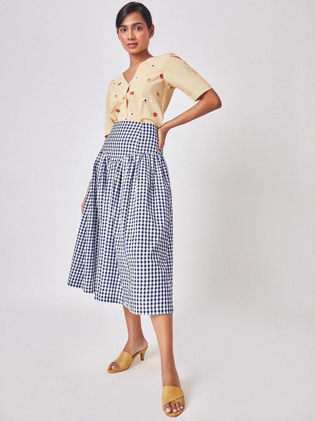 

The Label Life Checked Gathered Detailed Pure Cotton Flared Midi Skirt, Navy blue