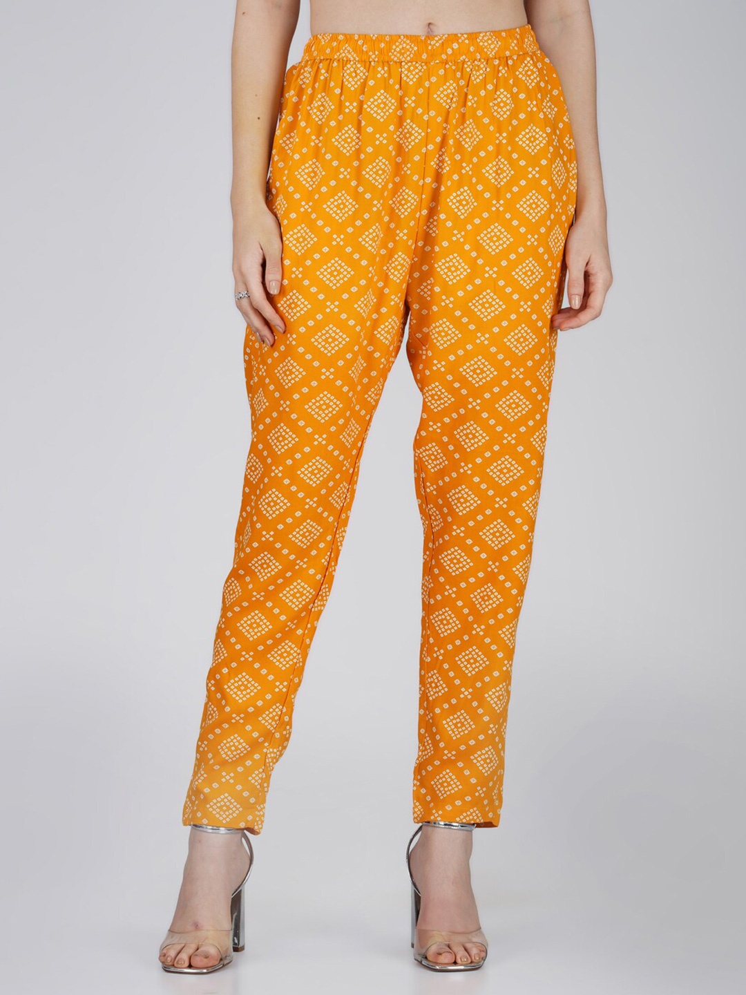 

Vastraa Fusion Women Bandhani Printed Straight Fit Trousers, Yellow