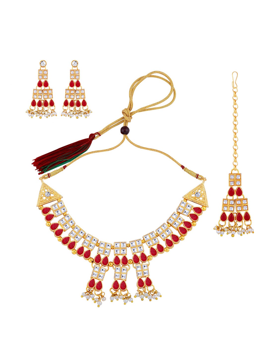 

Silver Shine Gold-Plated Stone-Studded Necklace And Earrings With Maang Tika