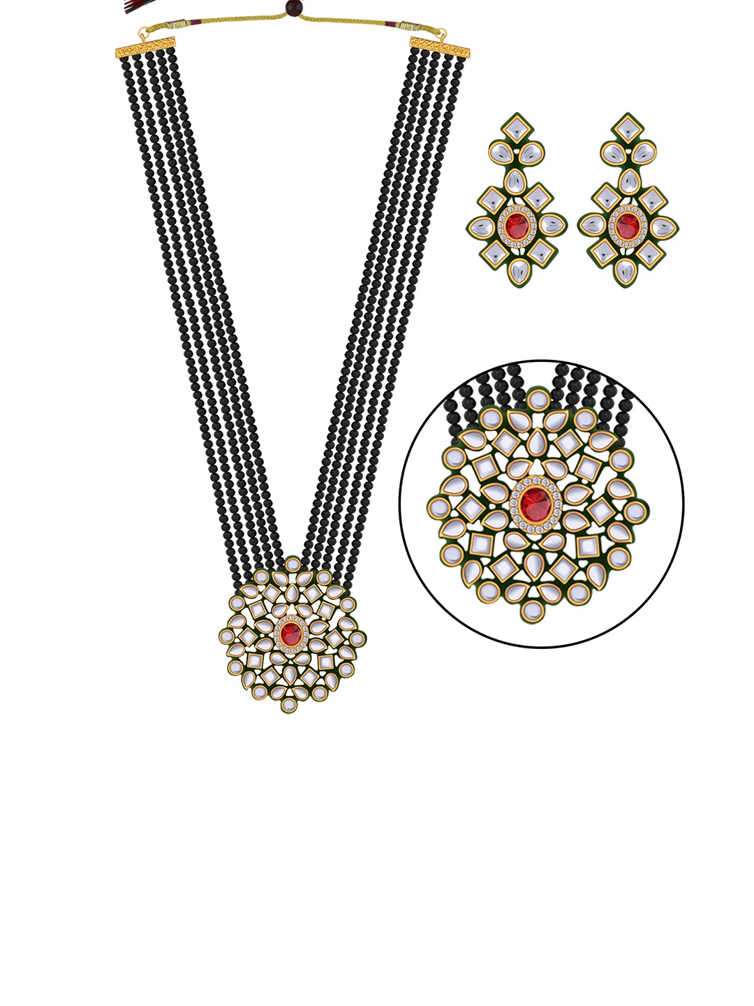 

Silver Shine Stone-Studded & Beaded Necklace And Earrings, Black