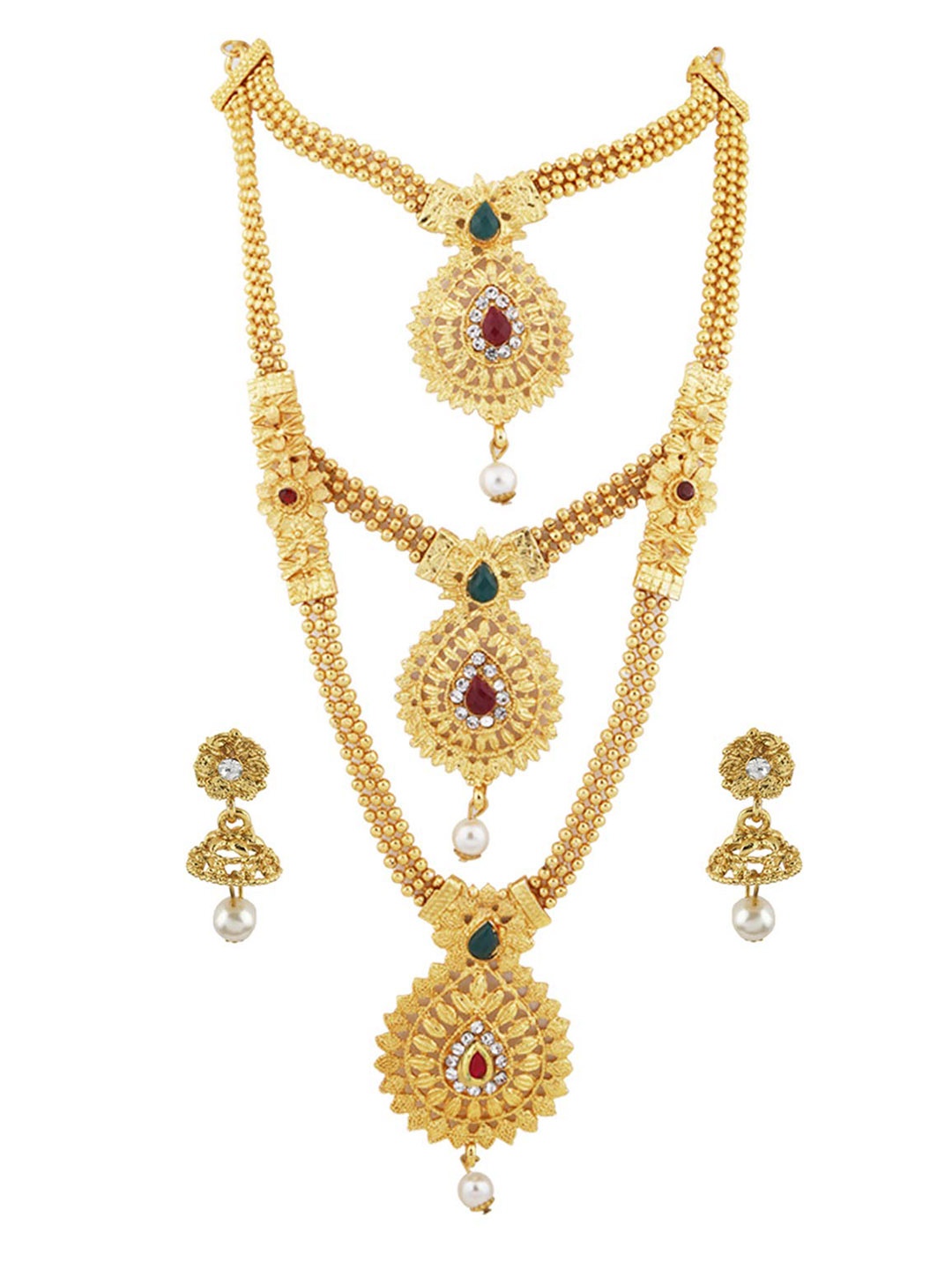 

Silver Shine Gold Plated Kundan Stones Studded & Beaded Necklace And Earrings