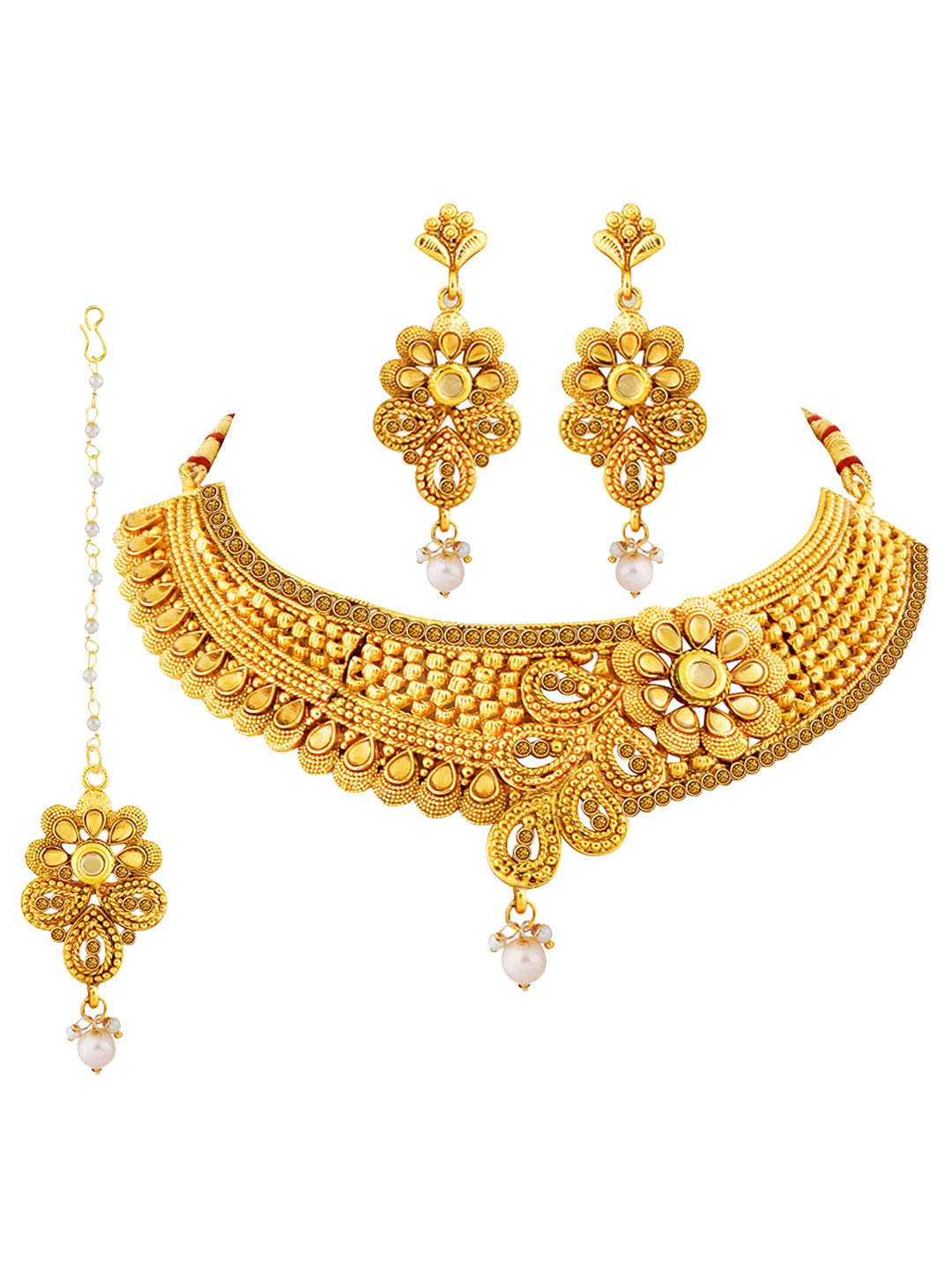 

Silver Shine Gold-Plated Stone-Studded & Pearl-Beaded Jewellery Set