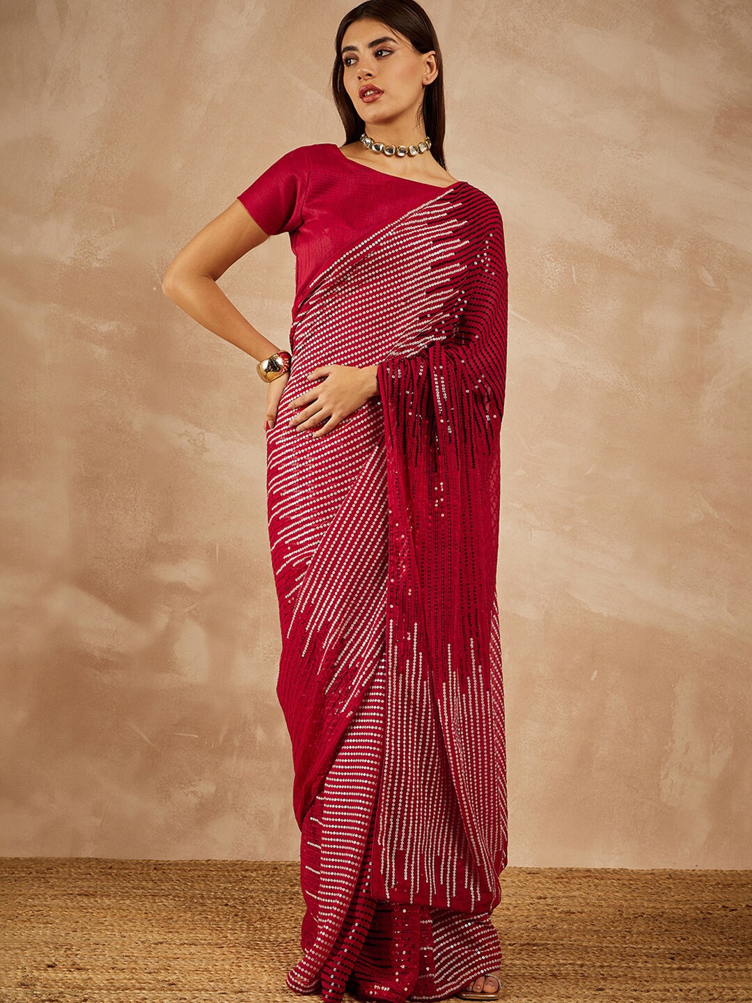 

all about you Red Embellished Sequinned Pure Georgette Saree