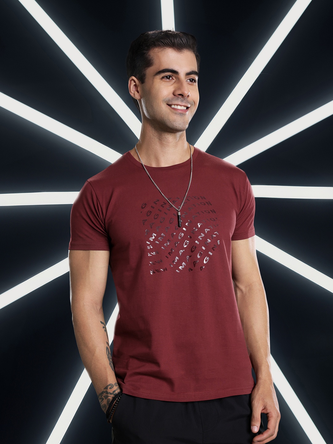 

Mast & Harbour Typography Printed Pure Cotton T-shirt, Maroon