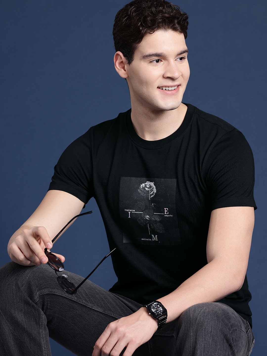 

Mast & Harbour Graphic Printed Pure Cotton T-shirt, Black