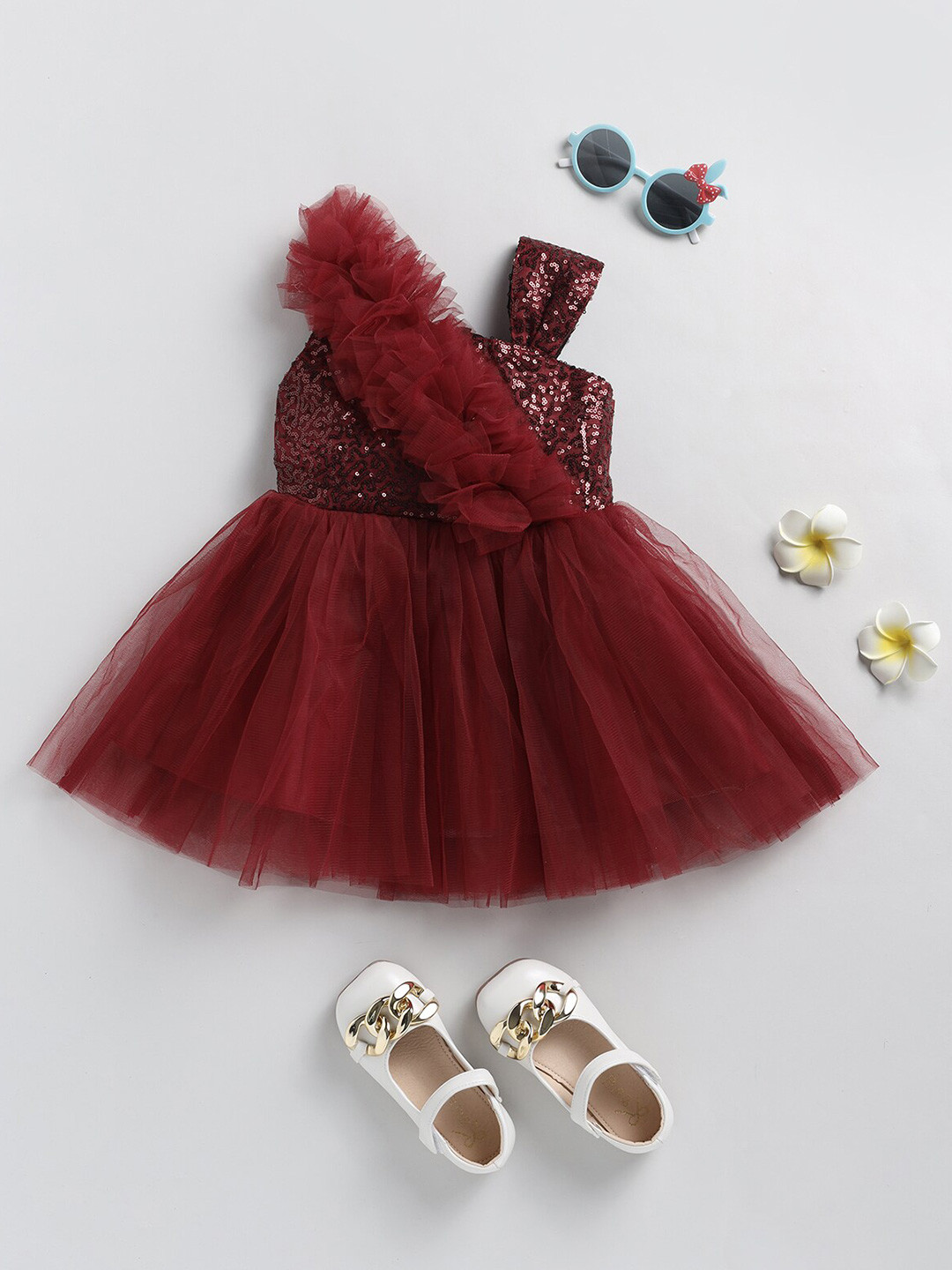 

BAESD Girls Embellished Shoulder Straps Net Sequinned Fit & Flare Dress, Maroon