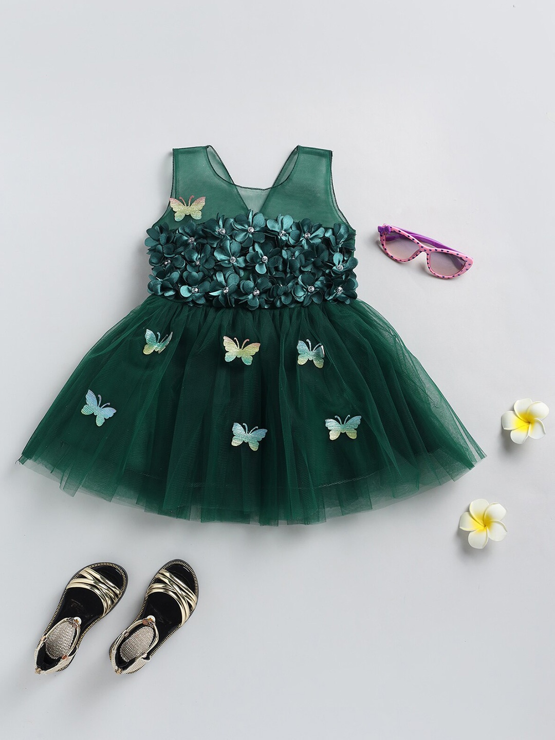 

BAESD Girls Floral Self Design Net Fit & Flare Dress, Green