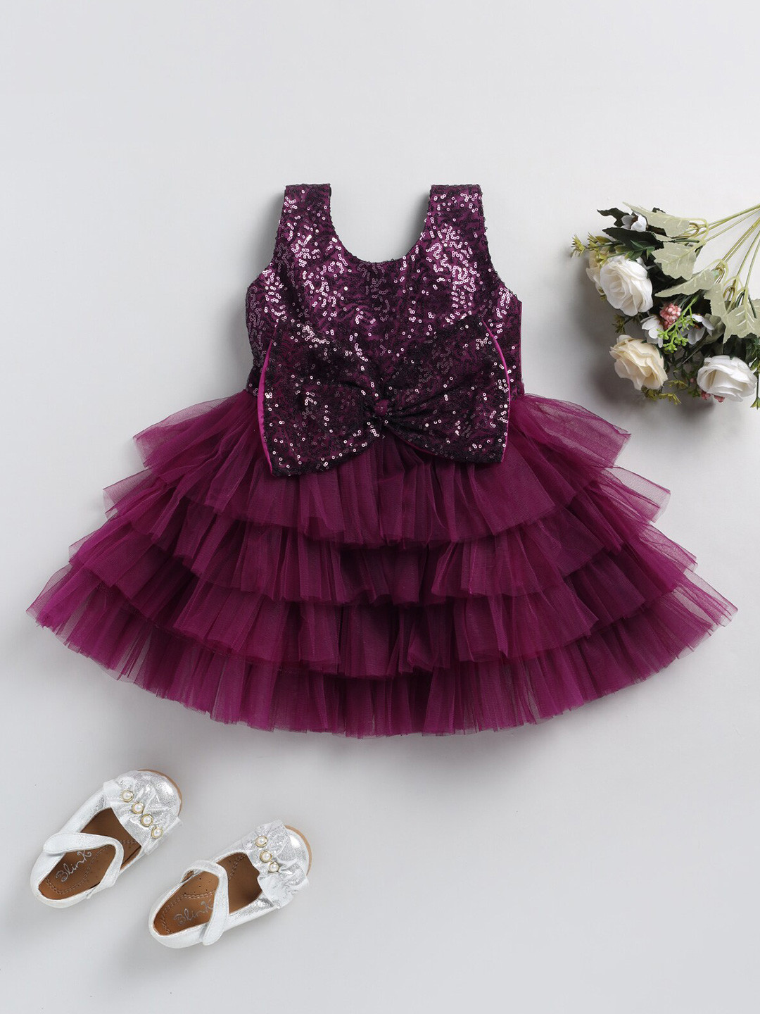 

BAESD Girls Embellished Bow Sequined & Layered Bling & Sparkly Net Fit & Flare Dress, Purple