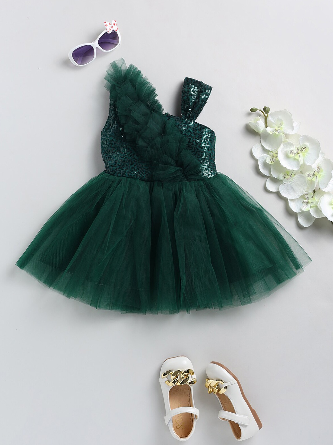 

BAESD Girls Embellished Shoulder Straps Net Fit & Flare Dress, Green