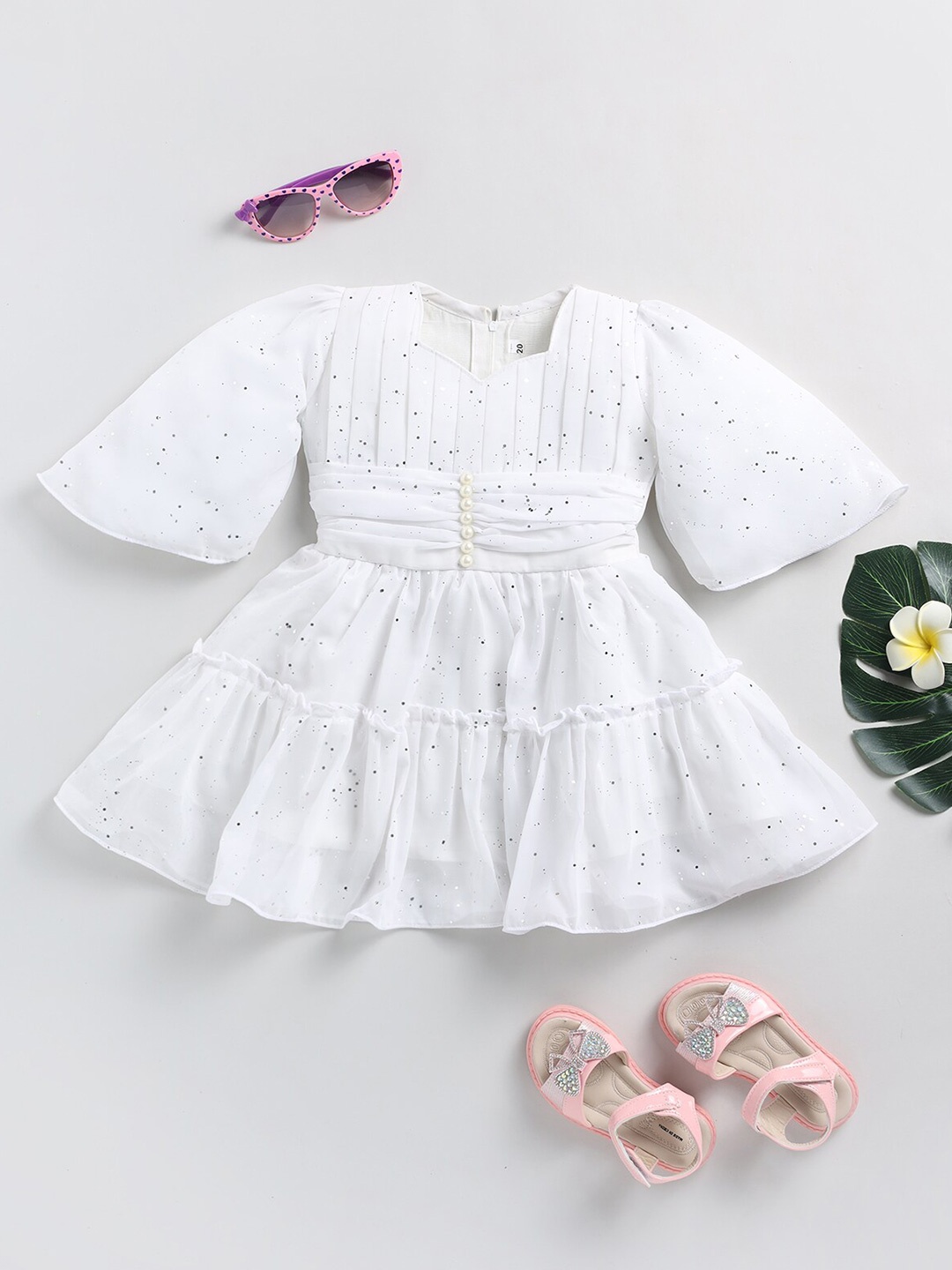 

BAESD Girls Embellished Sweetheart Neck Flared Sleeves Net Fit & Flare Dress, White