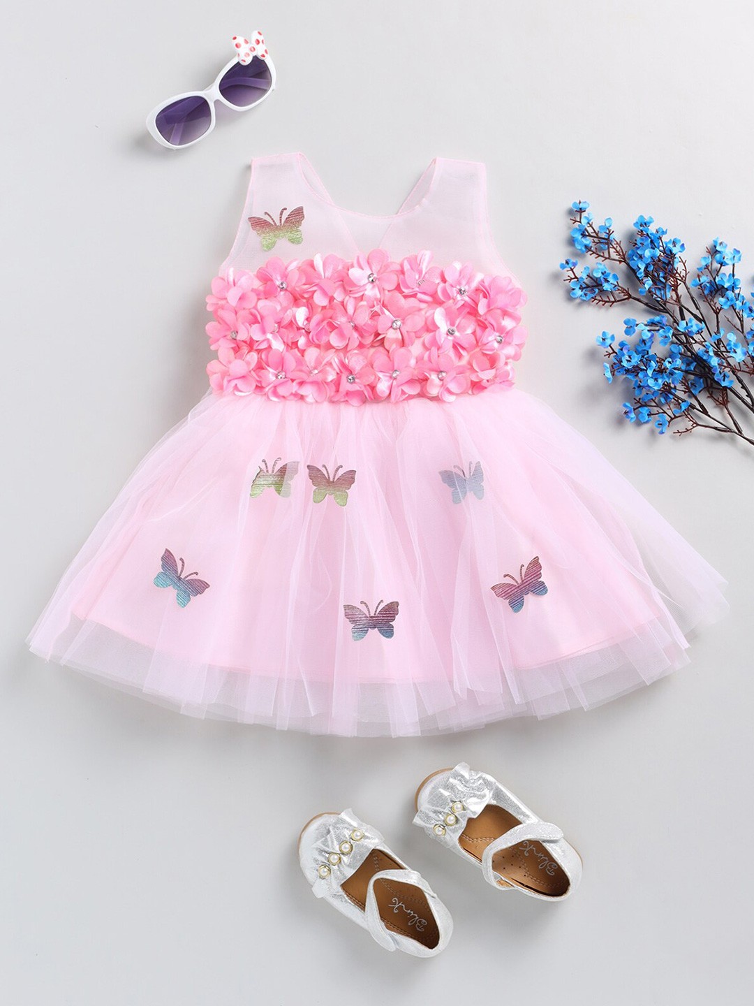 

BAESD Floral Embellished Net Fit & Flare Dress, Pink