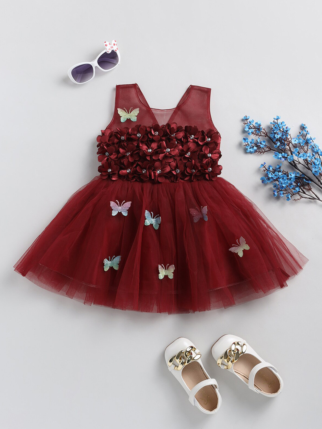 

BAESD Girls Self Design V-Neck Sleeveless Fit & Flare Dress, Maroon