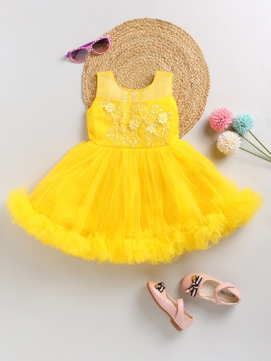 

BAESD Girls Self Design Round Neck Sleeveless Fit & Flare Dress, Yellow