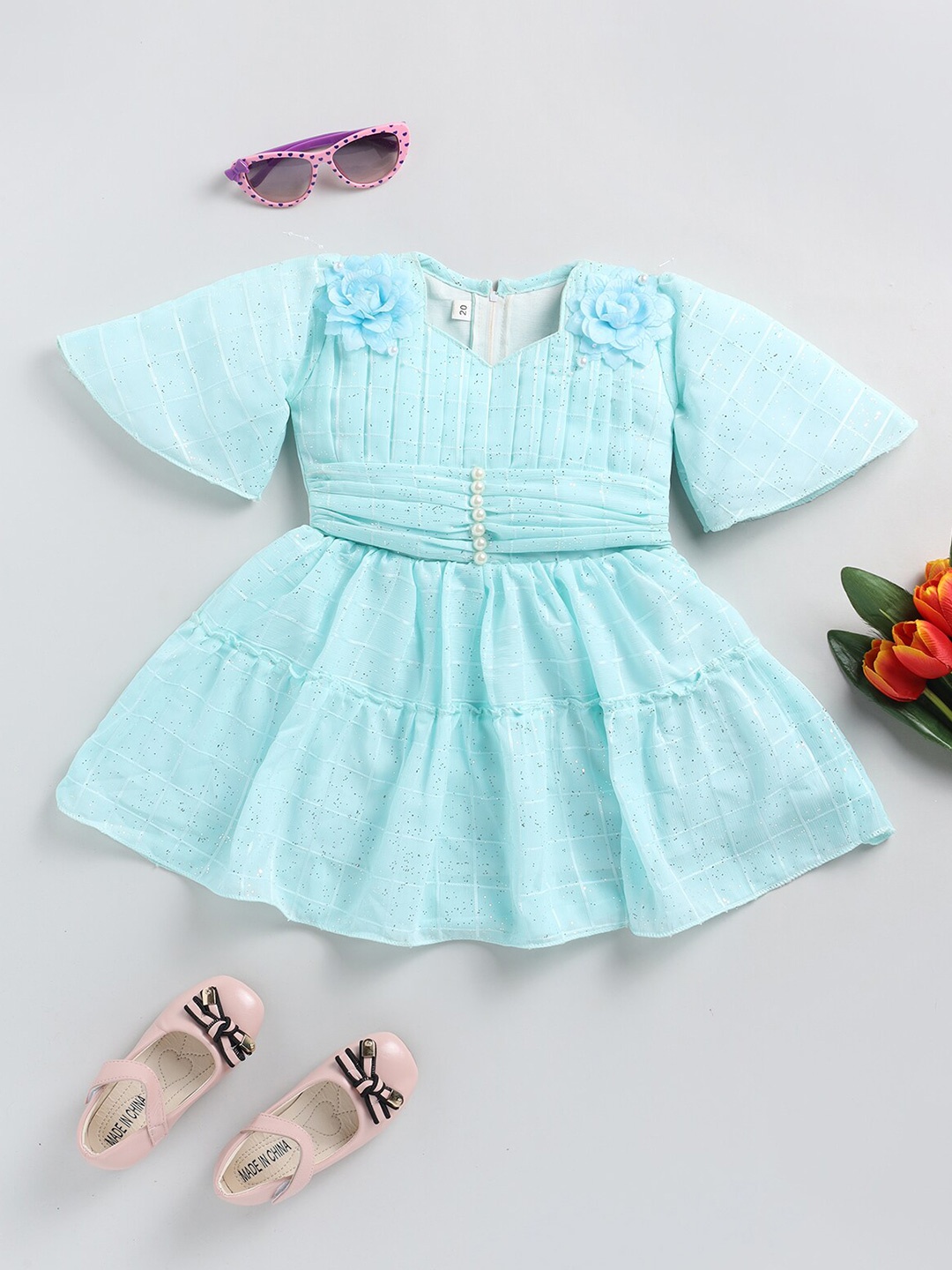 

BAESD Girls Striped Bell Sleeves Net Fit & Flare Dress, Blue