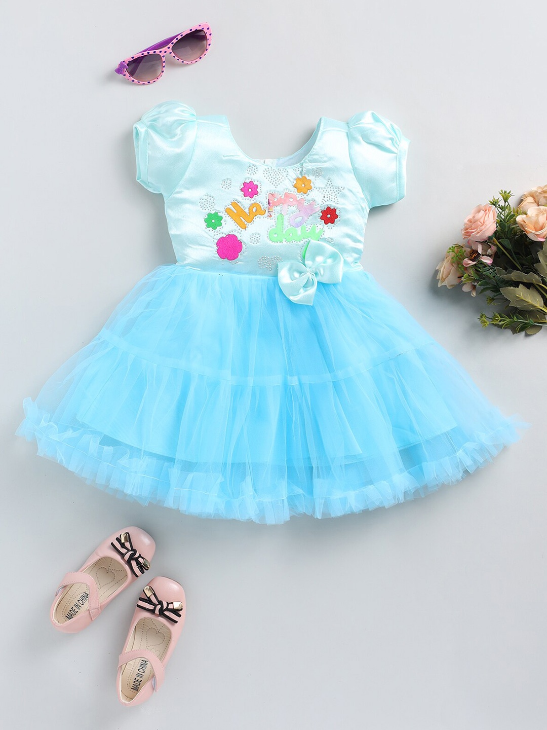 

BAESD Girls Self Design Round Neck Puff Sleeve Gathered or Pleated Fit & Flare Dress, Blue