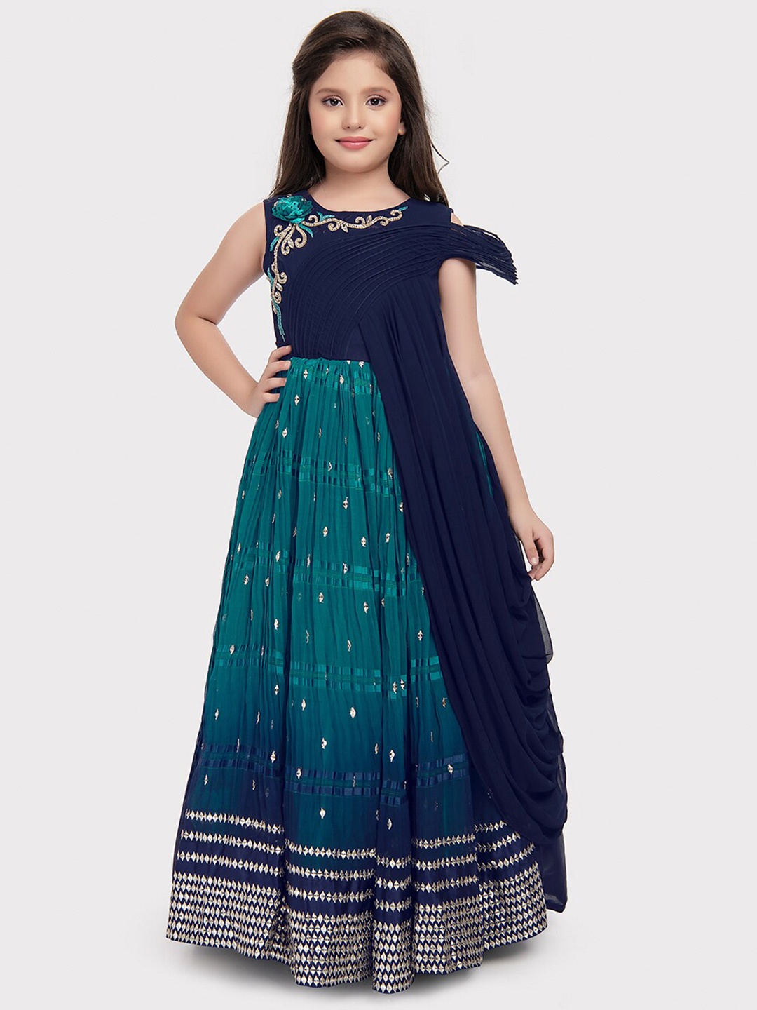 

BETTY Girls Floral Printed Embellished Georgette Maxi Dress, Navy blue