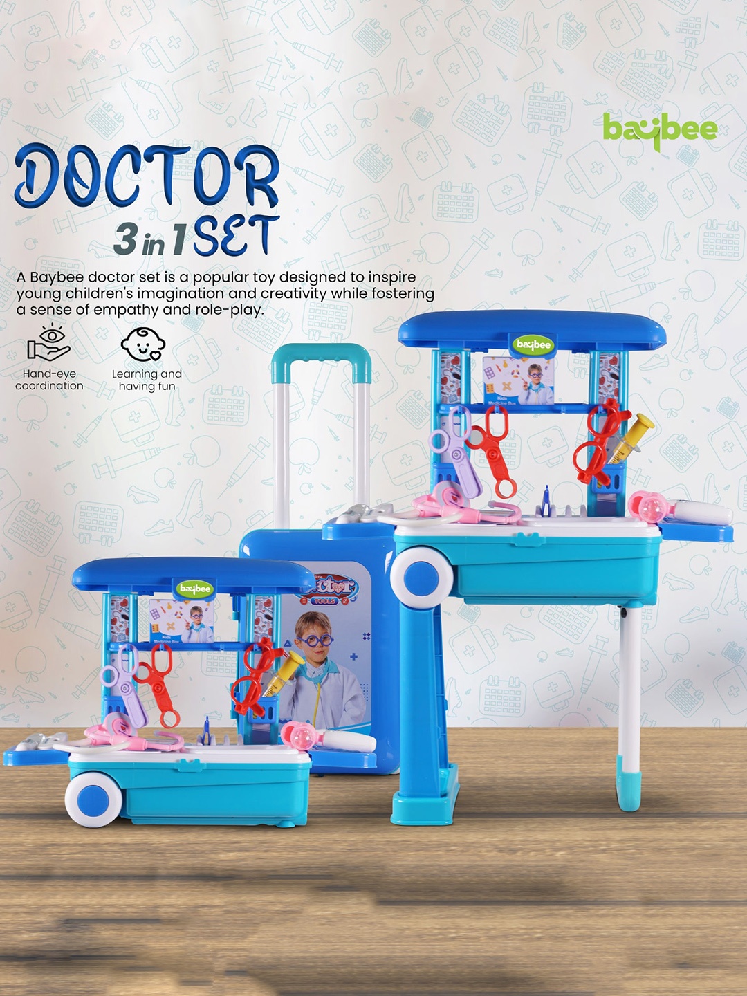 

BAYBEE Kids BPA Free 3 In 1 Portable Doctor Set With Convertible Suitcase, Blue